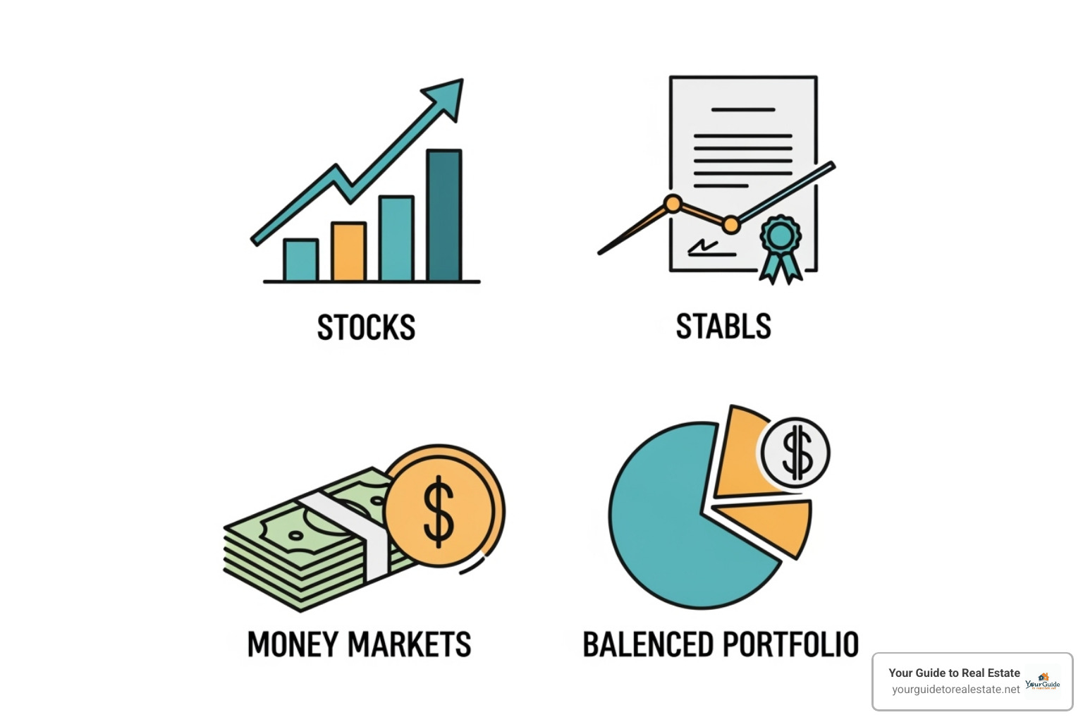 four distinct icons representing stocks, bonds, money markets, and a balanced portfolio. - 4 types of mutual funds