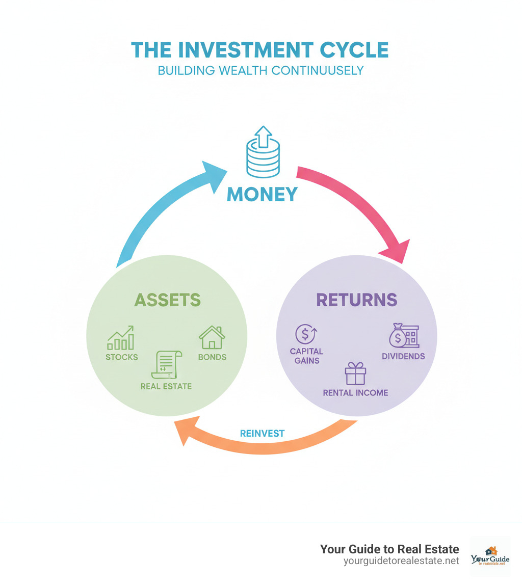 Infographic showing the investment cycle: Money flows into Assets (stocks, bonds, real estate), which generate Returns (capital gains, dividends, rental income), which can be Reinvested to purchase more assets, creating a continuous wealth-building cycle with arrows connecting each stage - what is investment infographic Infographic showing the investment cycle: Money flows into Assets (stocks, bonds, real estate), which generate Returns (capital gains, dividends, rental income), which can be Reinvested to purchase more assets, creating a continuous wealth-building cycle with arrows connecting each stage - what is investment infographic