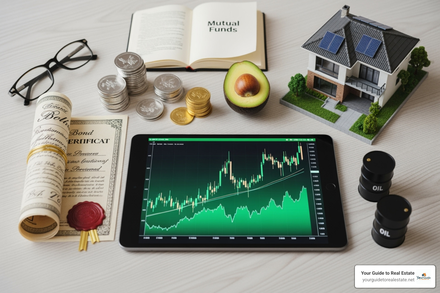 diversified portfolio showing a stock chart, a bond certificate, and a residential property - what is investment diversified portfolio showing a stock chart, a bond certificate, and a residential property - what is investment