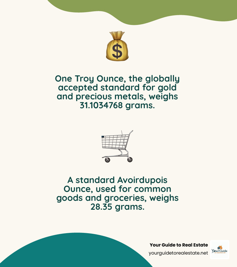 Infographic visually comparing a 31.1035 gram troy ounce of gold (used for precious metals) to a 28.35 gram standard avoirdupois ounce (used for everyday items), highlighting the approximately 10% difference in weight - how many grams in an ounce of gold infographic 2_facts_emoji_nature