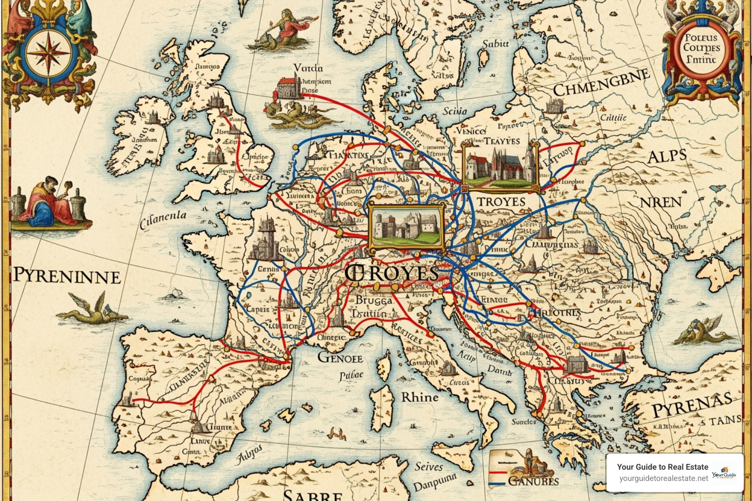 historical map showing trade routes leading to Troyes, France - how many grams in an ounce of gold