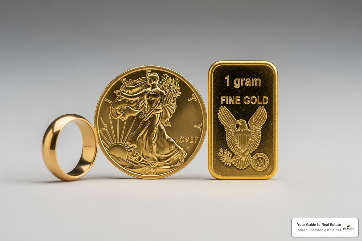 gold products like a 1oz coin, a 1-gram bar, and a 22k gold ring - how many grams in an ounce of gold