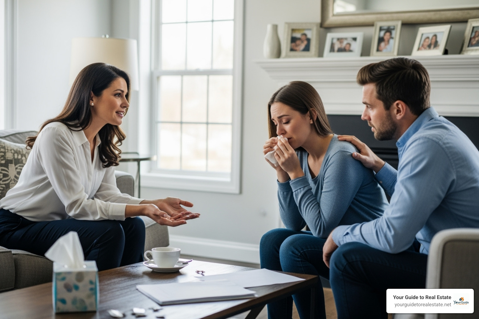 Real estate agent having a compassionate conversation with a couple - Real estate divorce leads
