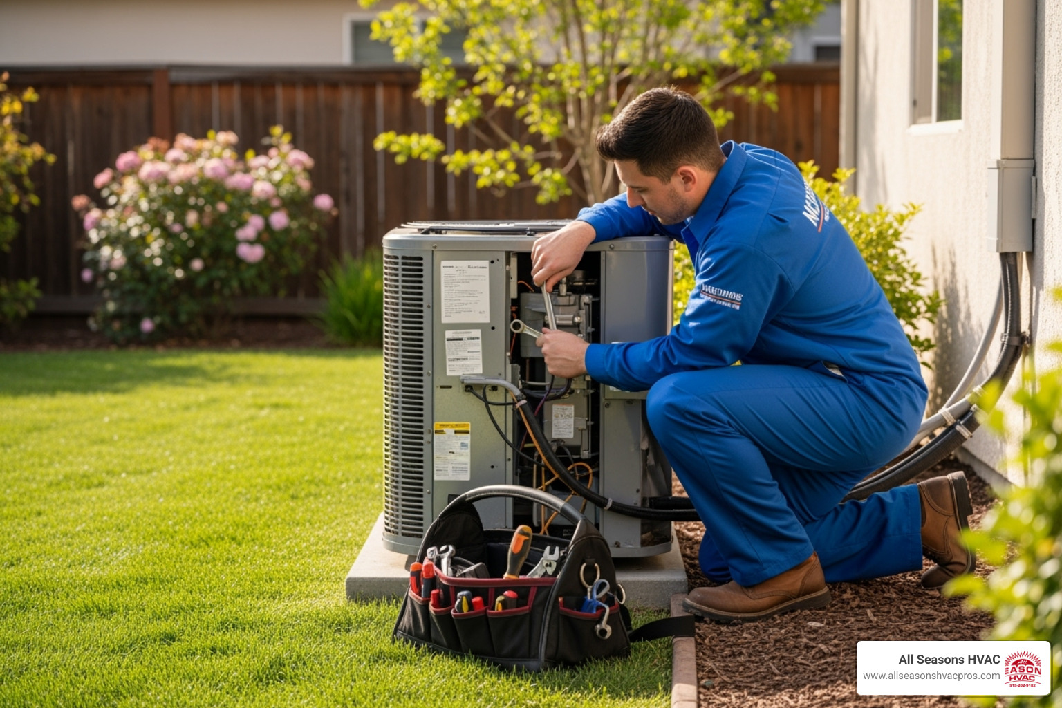 HVAC technician performing maintenance on an outdoor AC unit - reliable hvac des moines ia HVAC technician performing maintenance on an outdoor AC unit - reliable hvac des moines ia