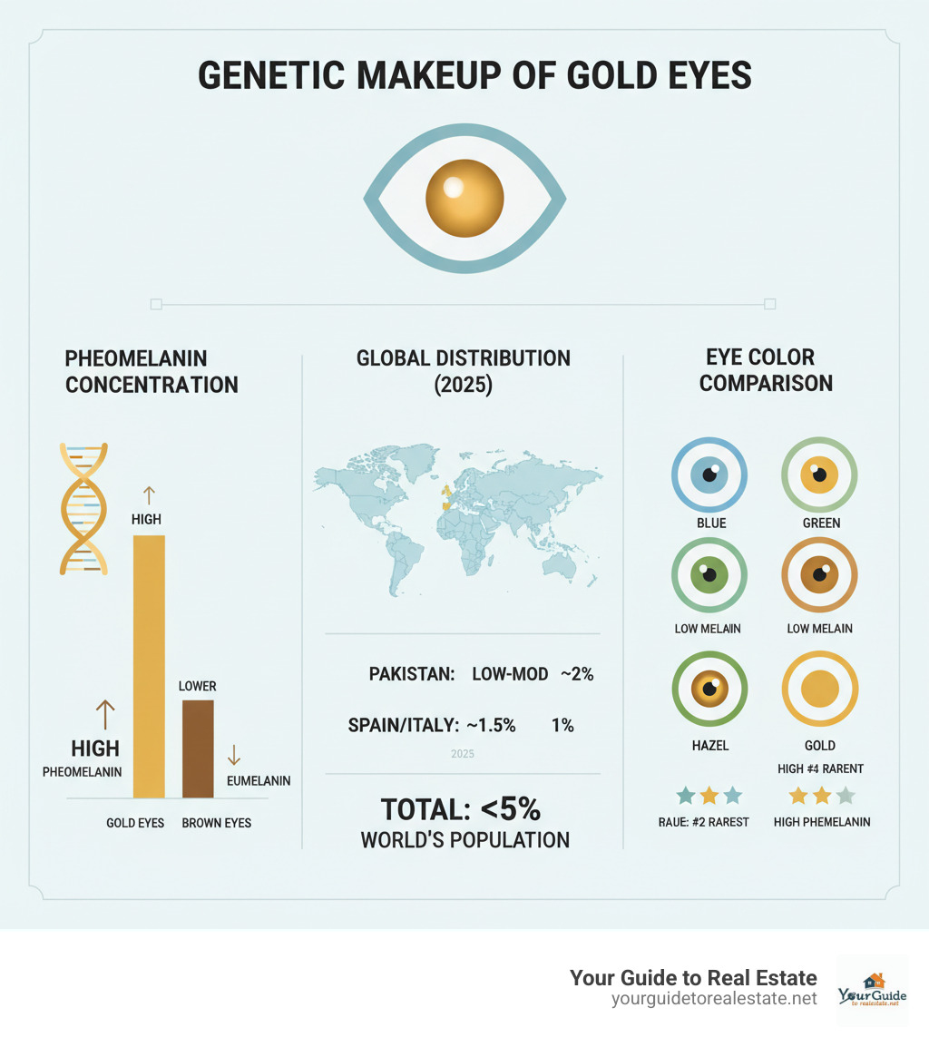 Infographic showing the genetic makeup of gold eyes, including pheomelanin concentration levels, global distribution percentages, and comparison with other eye colors - gold eyes infographic 