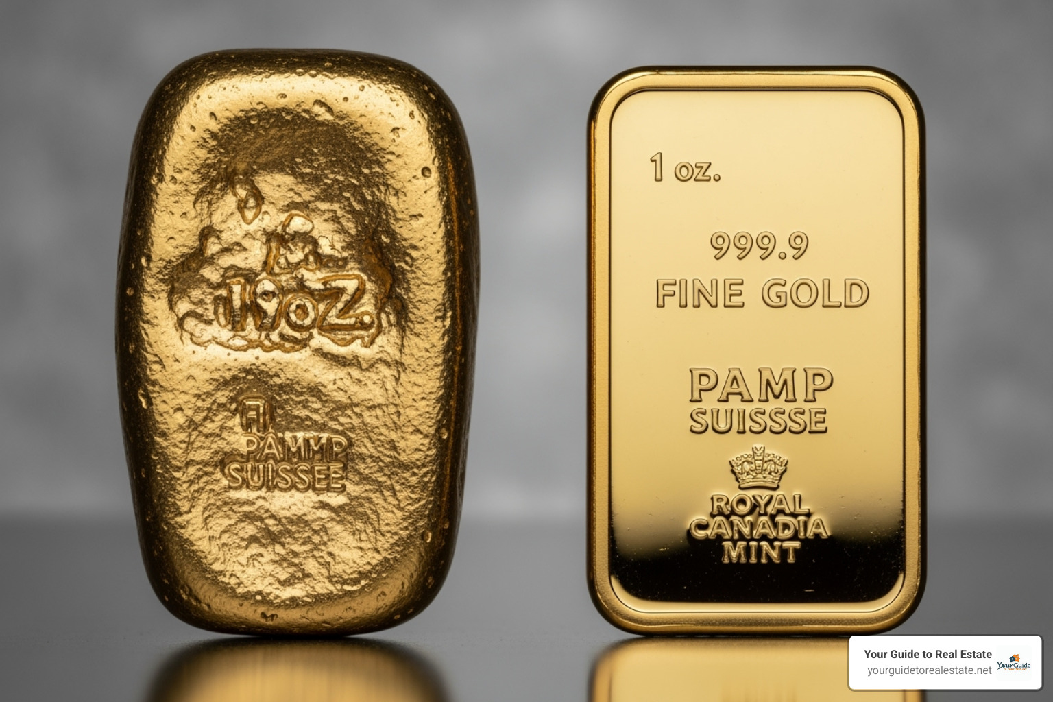 rough cast gold bar next to a smooth minted gold bar - how much does a gold bar weigh