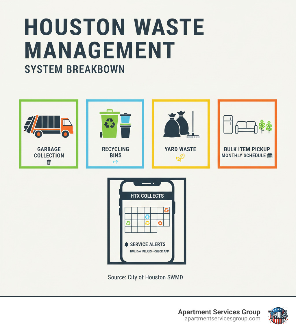 Houston waste management system breakdown showing garbage collection trucks, recycling bins, yard waste bags, bulk item pickup schedules, and the HTX Collects mobile app interface with collection calendar and service alerts - Houston trash collection infographic 