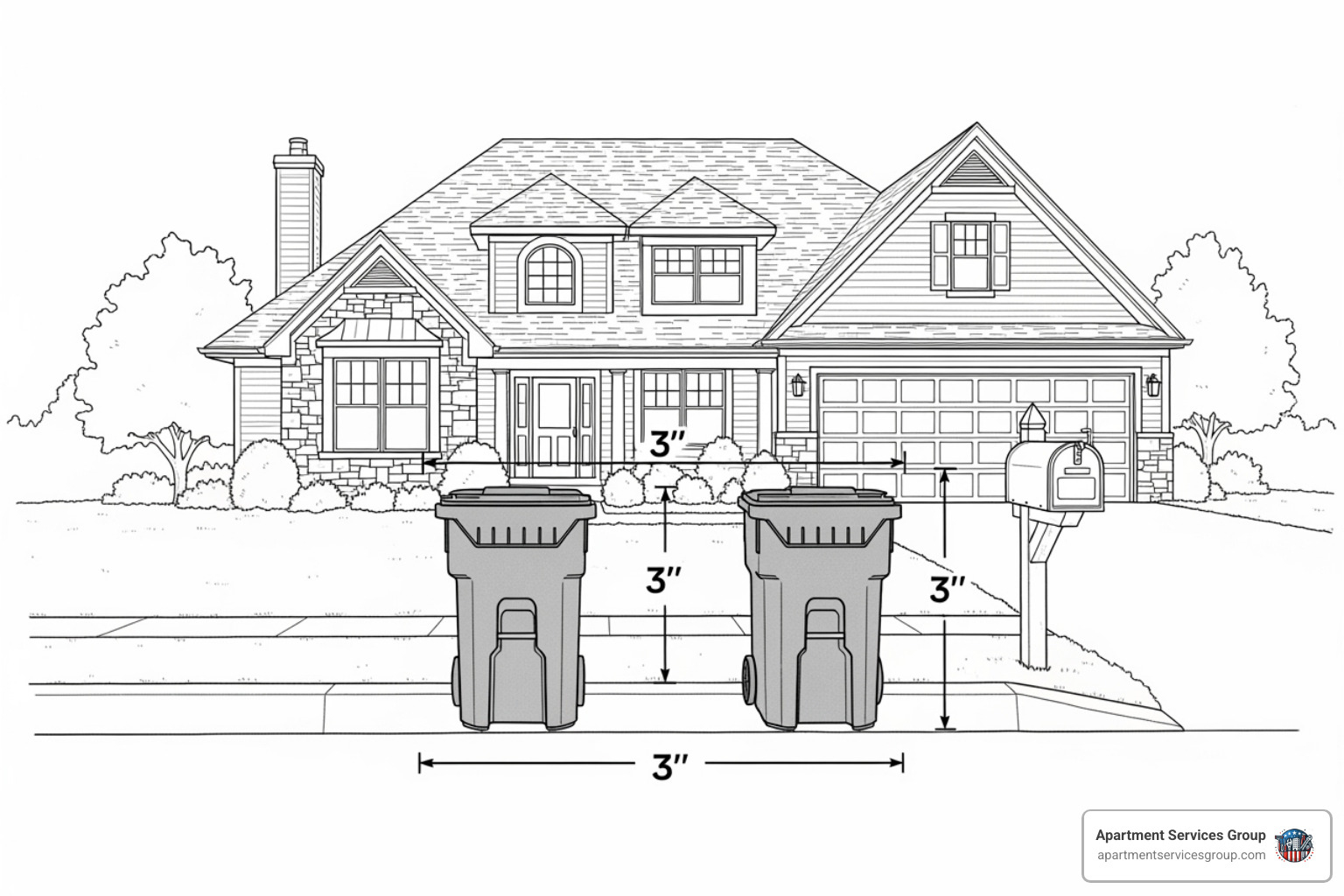 An illustration demonstrating the correct placement of two curbside bins, showing a 3-foot clearance between them and from a mailbox, with the handles facing the house and no overhead obstructions. - Houston trash collection