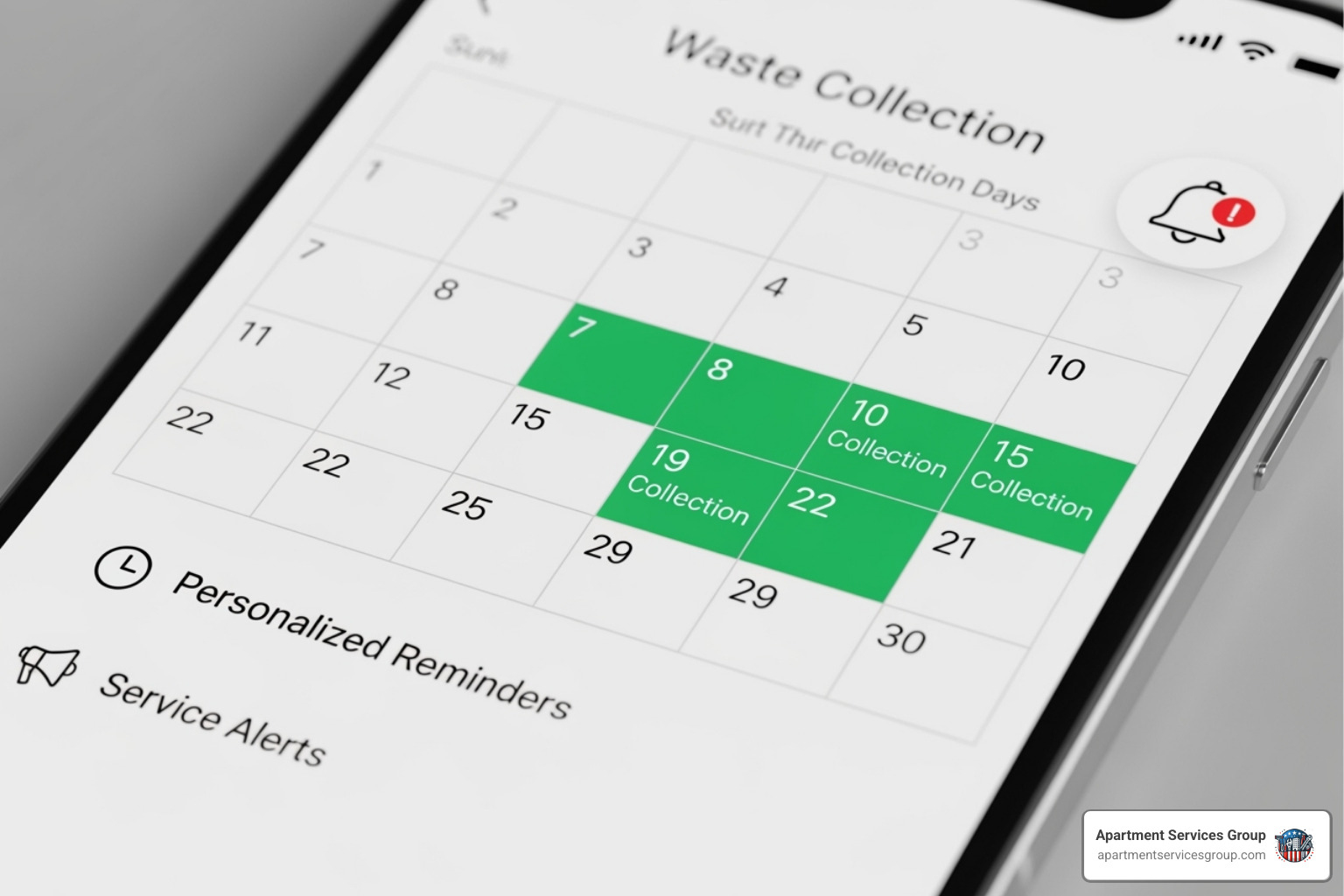 A smartphone displaying the HTX Collects app interface, showing a collection calendar, service alerts, and options for personalized reminders. - Houston trash collection