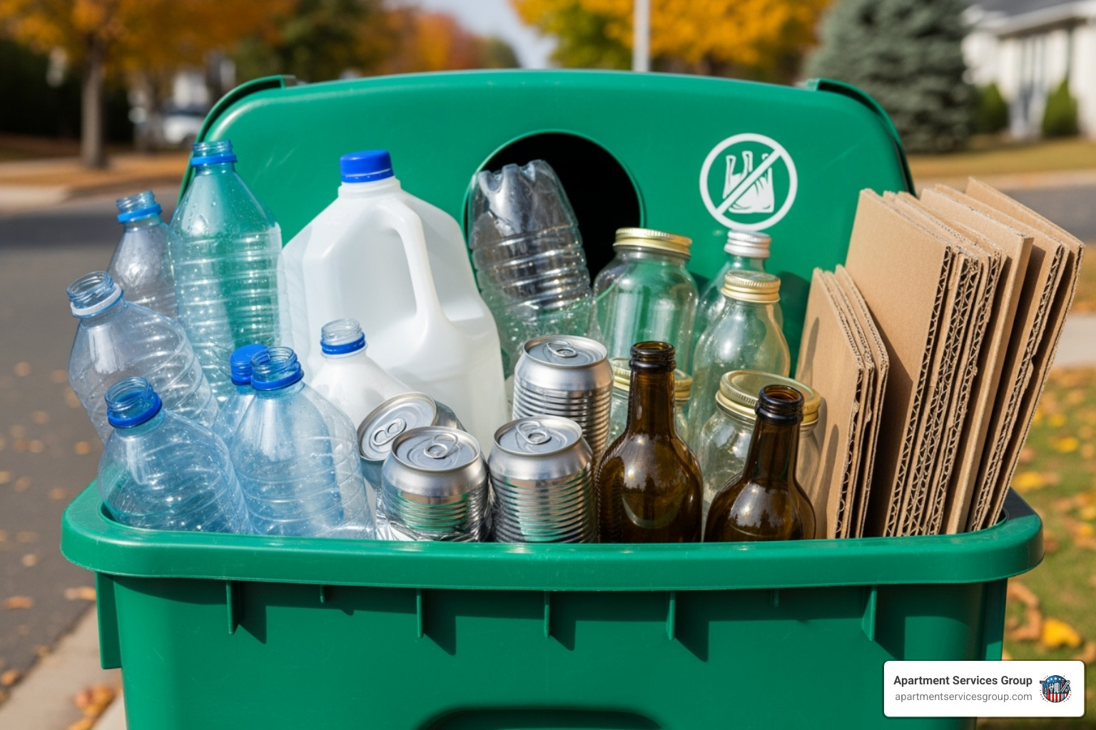 A neatly organized green recycling bin with plastic bottles, aluminum cans, flattened cardboard, and glass jars, clearly showing accepted items. A 'no plastic bags' symbol is subtly visible. - Houston trash collection