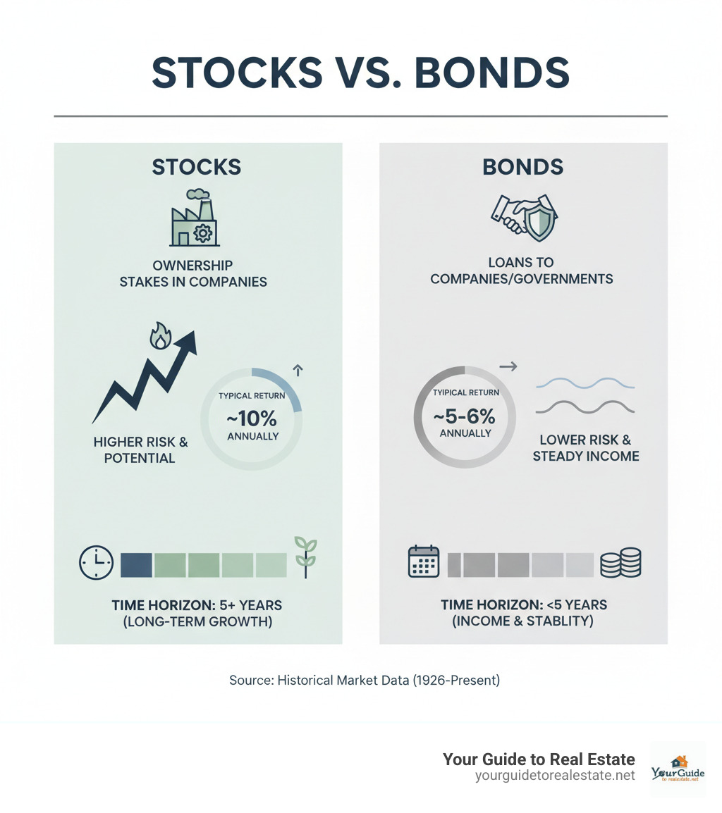 Comprehensive comparison infographic showing stocks as ownership stakes in companies with higher risk and return potential versus bonds as loans with lower risk and steady income payments, including visual representations of risk levels, typical returns, and time horizons for each investment type - investing in bonds vs stocks infographic 