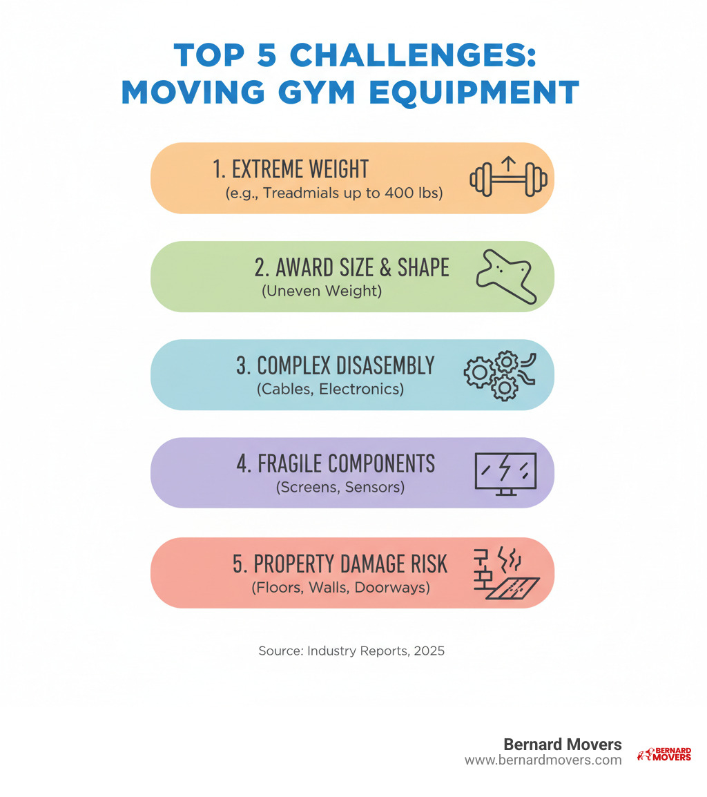 Infographic showing the top 5 challenges of moving gym equipment: 1. Extreme Weight (treadmills up to 400 lbs), 2. Awkward Size and Shape (uneven weight distribution), 3. Complex Disassembly Required (cables, pulleys, electronics), 4. Fragile Components (LCD screens, sensors, moving parts), 5. Property Damage Risk (floors, walls, doorways) - Moving workout equipment infographic  Infographic showing the top 5 challenges of moving gym equipment: 1. Extreme Weight (treadmills up to 400 lbs), 2. Awkward Size and Shape (uneven weight distribution), 3. Complex Disassembly Required (cables, pulleys, electronics), 4. Fragile Components (LCD screens, sensors, moving parts), 5. Property Damage Risk (floors, walls, doorways) - Moving workout equipment infographic