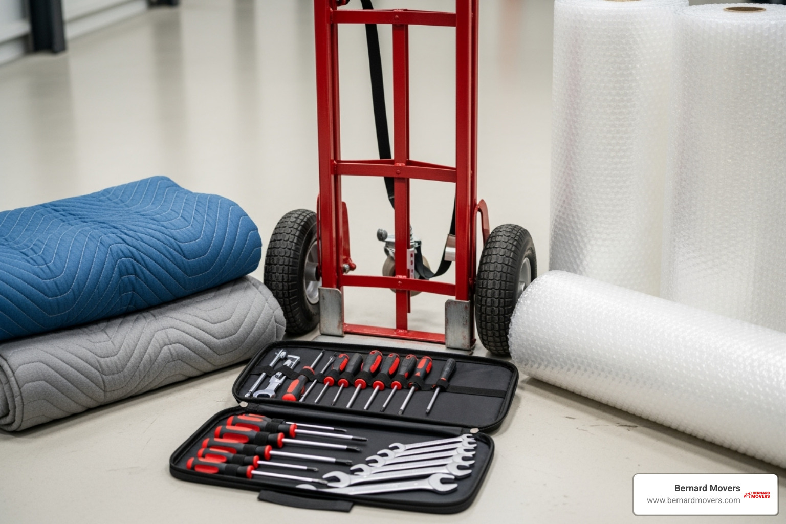 Moving supplies including a dolly, moving blankets, bubble wrap, and a tool kit - Moving workout equipment Moving supplies including a dolly, moving blankets, bubble wrap, and a tool kit - Moving workout equipment