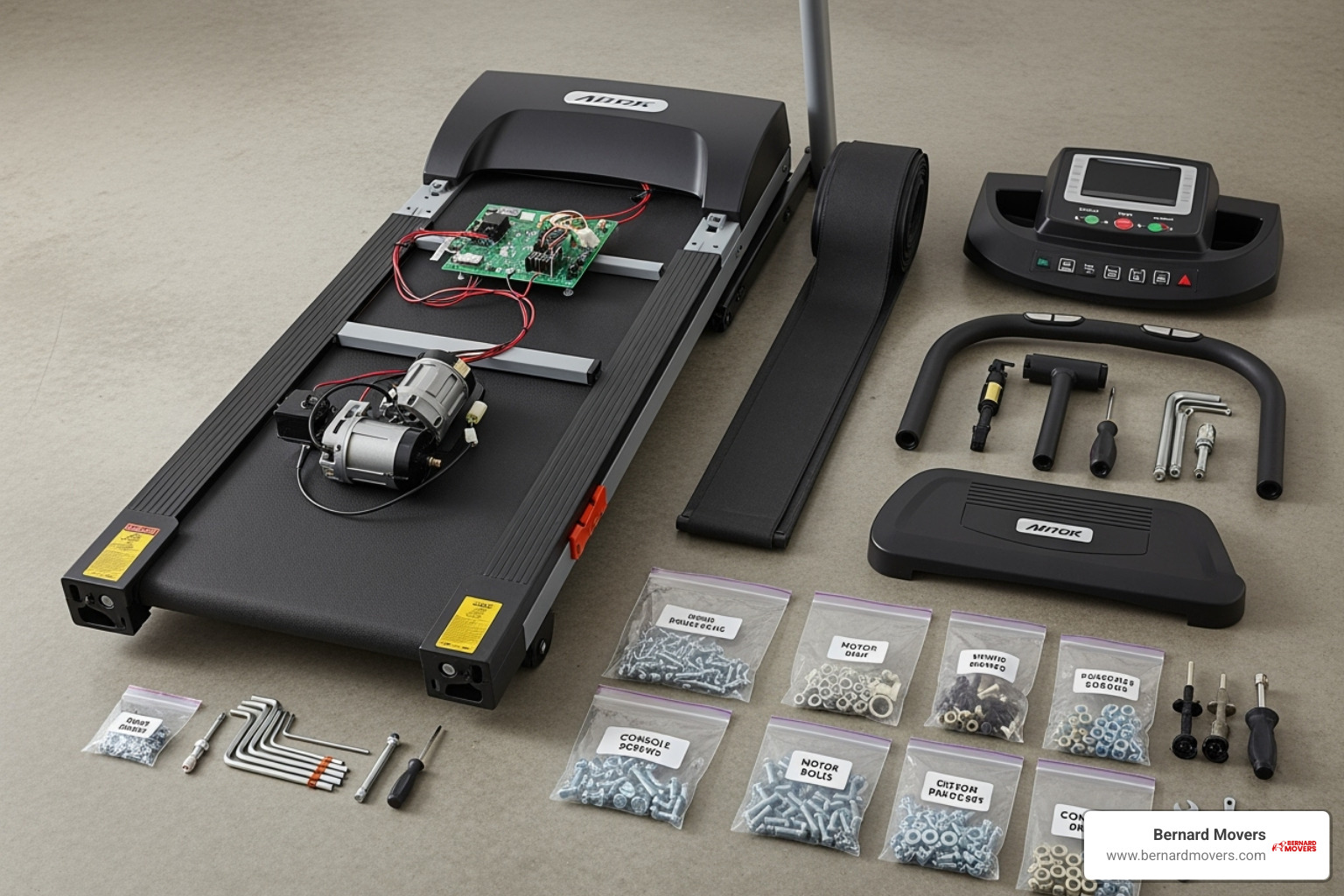 A partially disassembled treadmill with parts neatly labeled in plastic bags - Moving workout equipment A partially disassembled treadmill with parts neatly labeled in plastic bags - Moving workout equipment