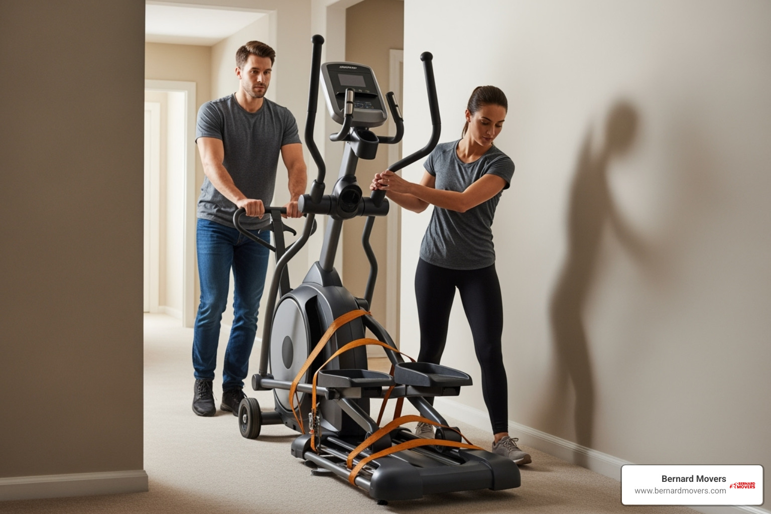 Two people using a dolly and straps to move an elliptical down a hallway - Moving workout equipment Two people using a dolly and straps to move an elliptical down a hallway - Moving workout equipment