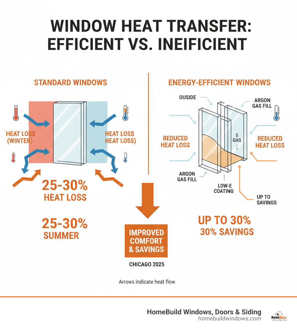 Detailed infographic showing heat transfer comparison between standard inefficient windows and modern energy-efficient windows, with arrows indicating heat loss in winter and heat gain in summer, plus cross-sections showing multiple panes, Low-E coatings, and gas fills - energy efficient windows Chicago infographic 