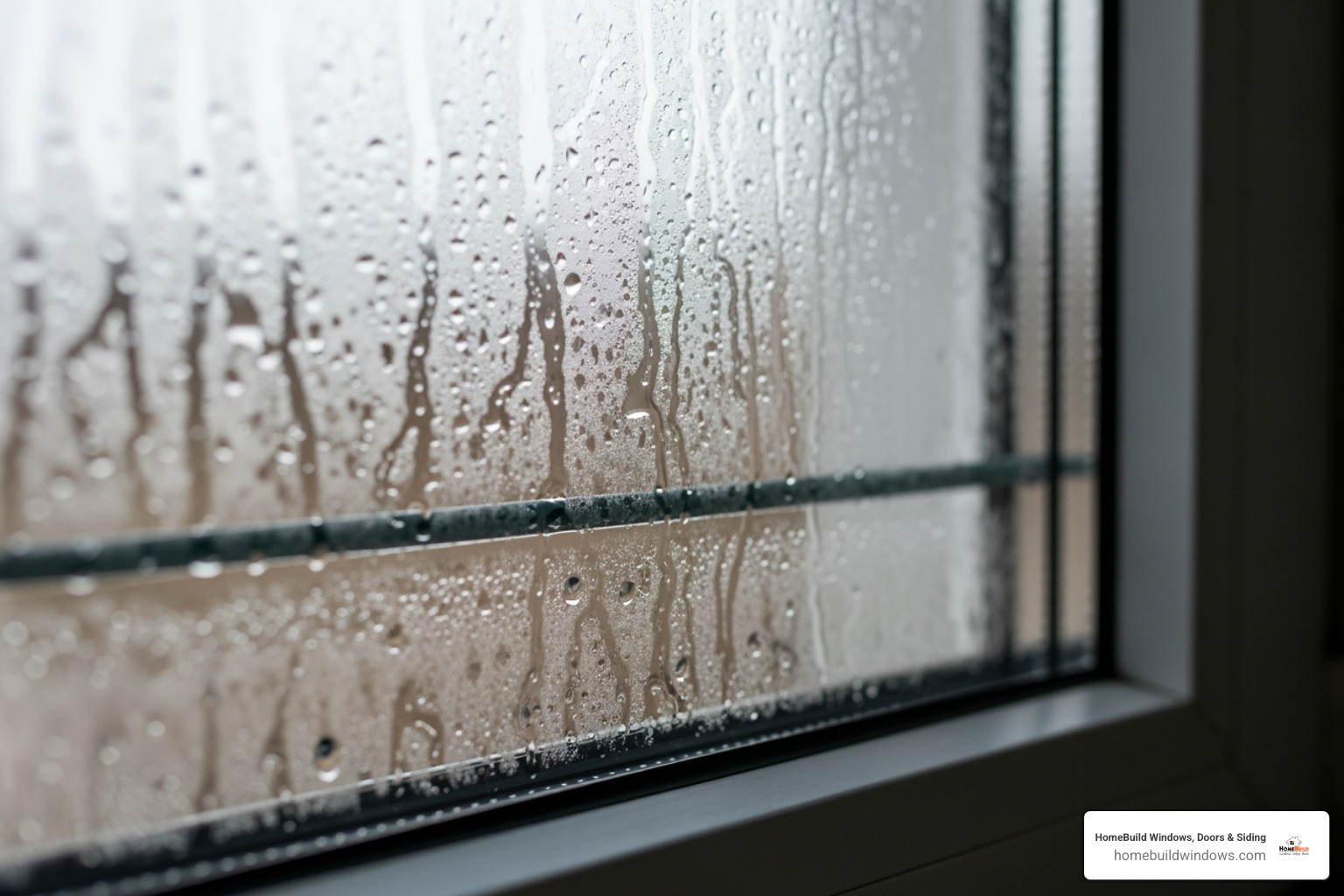 A close-up image of a double-pane window showing significant condensation and fogging between the two glass panes - local window repair company