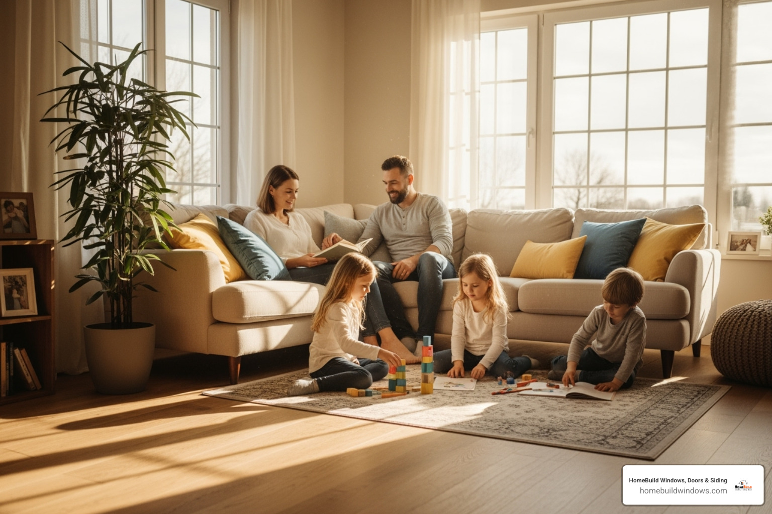 comfortable, sunlit living room with family - energy efficient windows Chicago