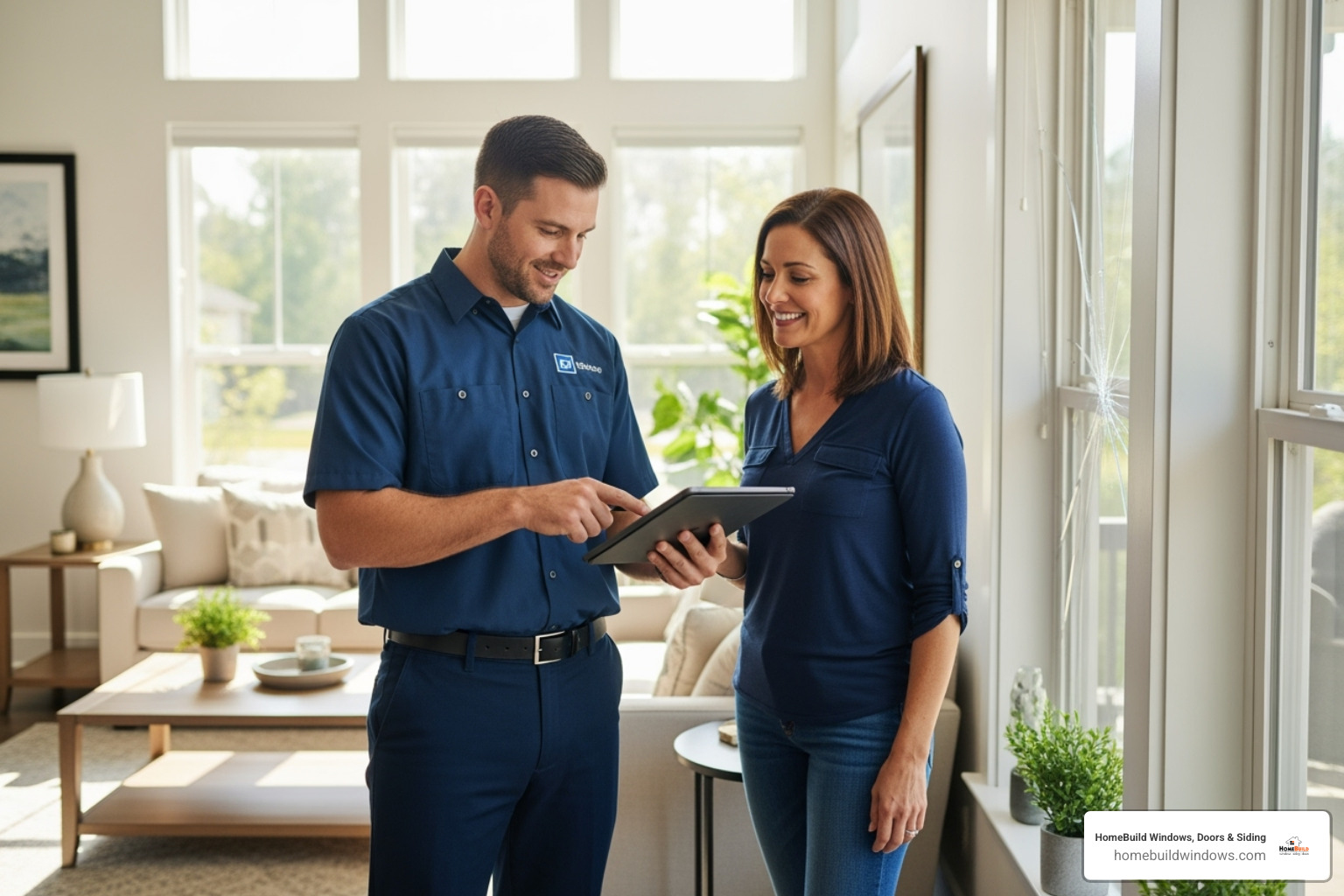 A friendly technician in uniform, with a tablet, discussing window repair options with a homeowner in their living room - local window repair company