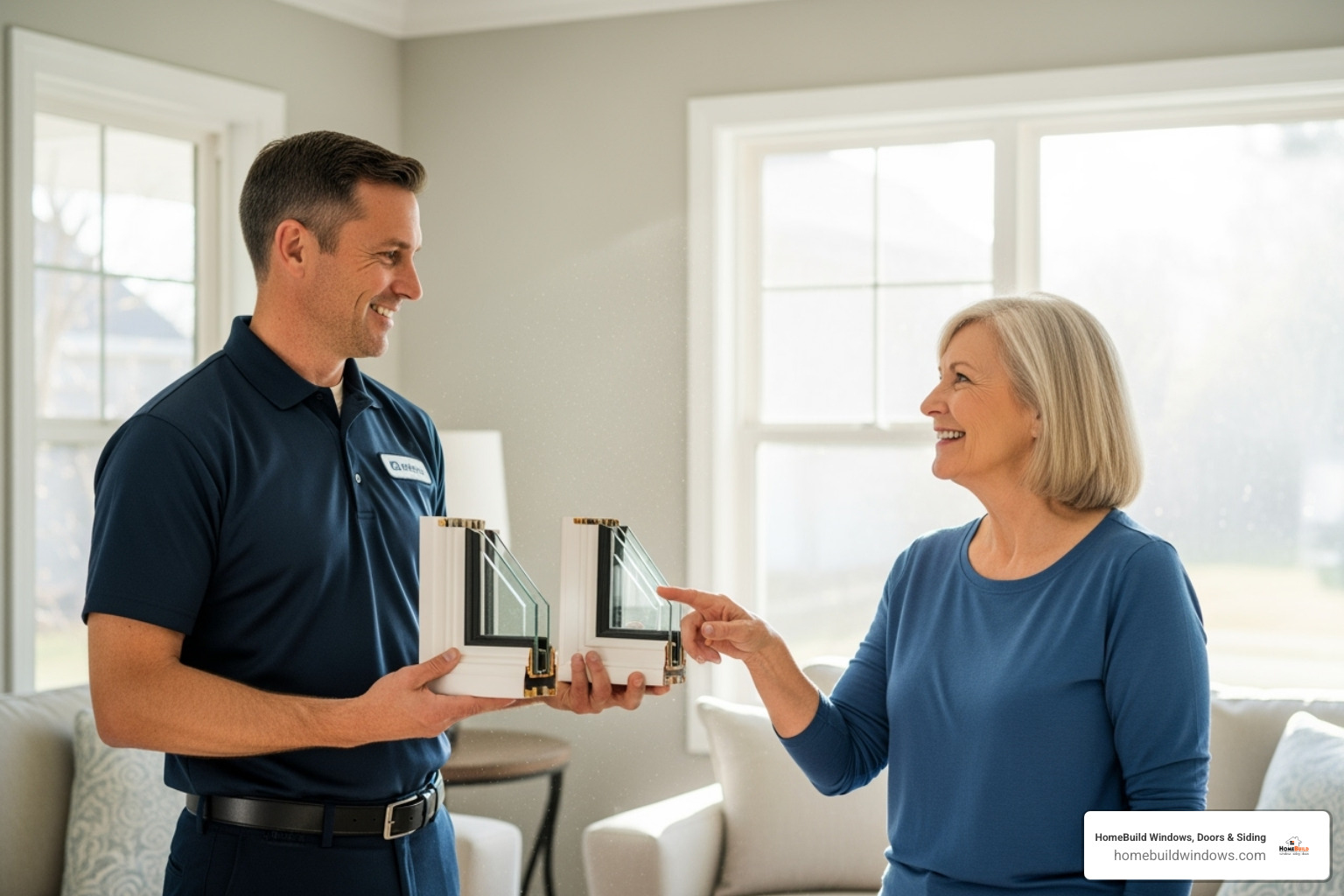 Friendly installer consulting with a homeowner over window samples - independent window installers near me Friendly installer consulting with a homeowner over window samples - independent window installers near me