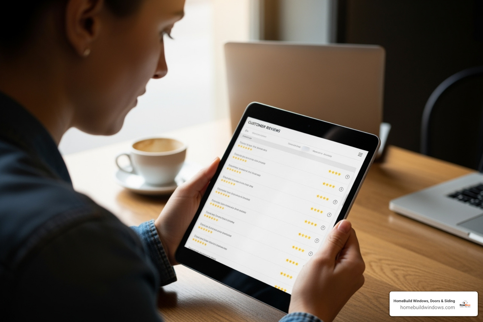 Person looking at customer reviews for window installers on a tablet - independent window installers near me Person looking at customer reviews for window installers on a tablet - independent window installers near me