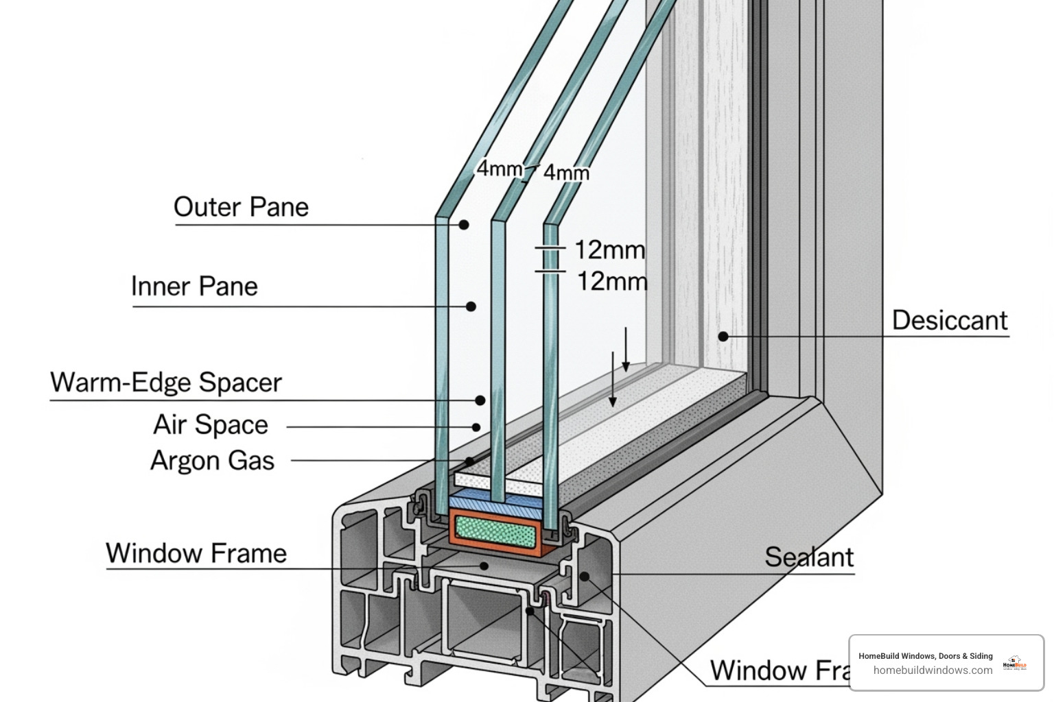 cross-section of a double-pane window with labels - how to make windows energy-efficient