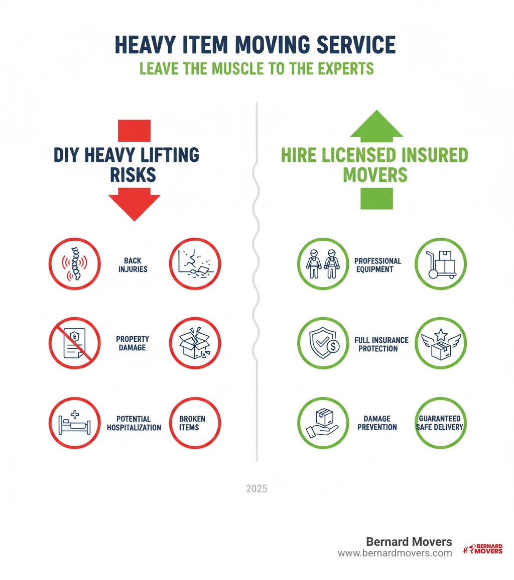 Infographic showing the top 5 risks of DIY heavy lifting including back injuries, property damage, broken items, lack of insurance coverage, and potential hospitalization, contrasted with benefits of hiring licensed insured movers including professional equipment, trained staff, full insurance protection, damage prevention, and guaranteed safe delivery - Heavy item moving service infographic  Infographic showing the top 5 risks of DIY heavy lifting including back injuries, property damage, broken items, lack of insurance coverage, and potential hospitalization, contrasted with benefits of hiring licensed insured movers including professional equipment, trained staff, full insurance protection, damage prevention, and guaranteed safe delivery - Heavy item moving service infographic