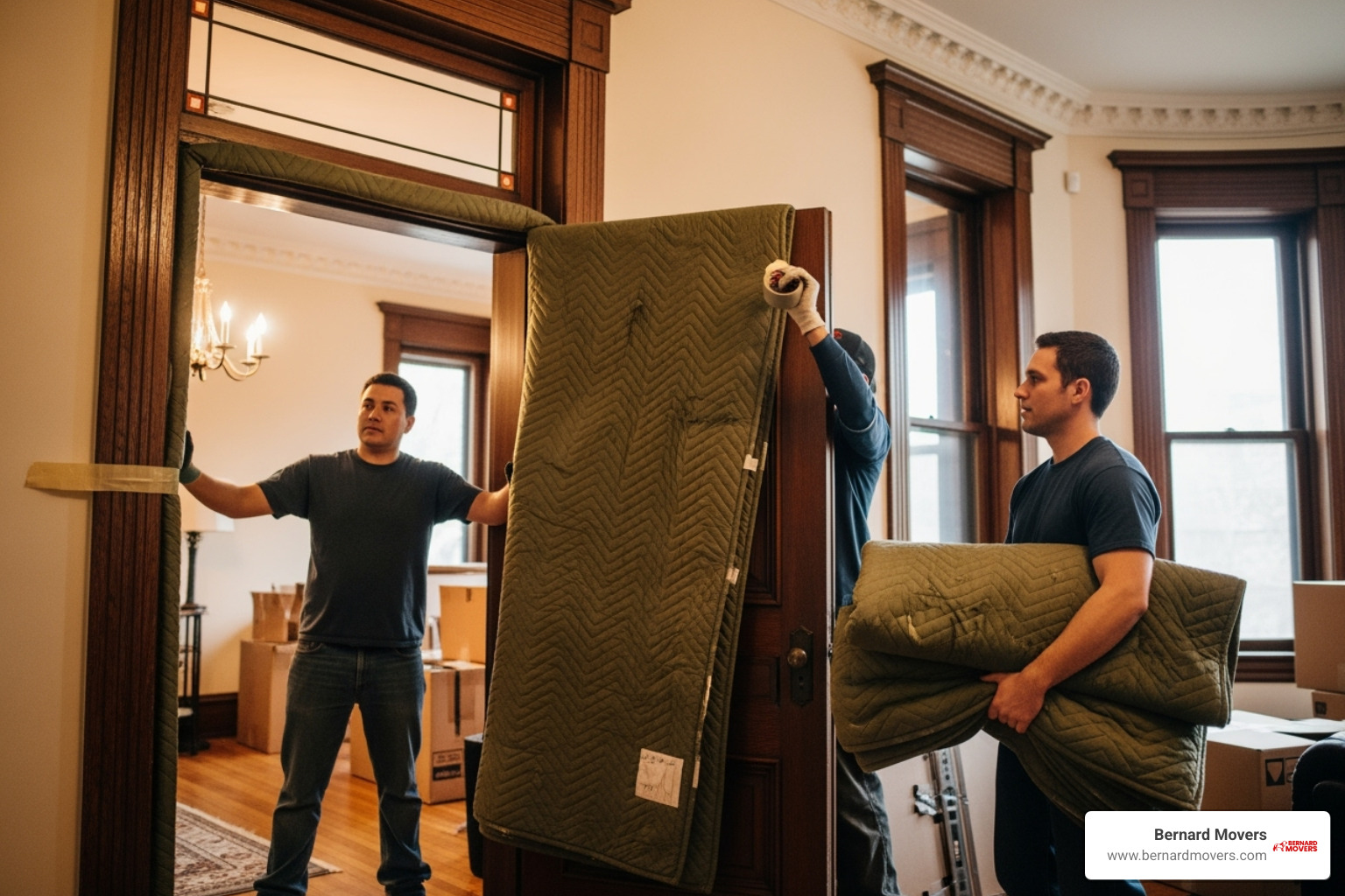 Bernard Movers using moving blankets to protect a doorway in a Chicago brownstone - Heavy item moving service Bernard Movers using moving blankets to protect a doorway in a Chicago brownstone - Heavy item moving service