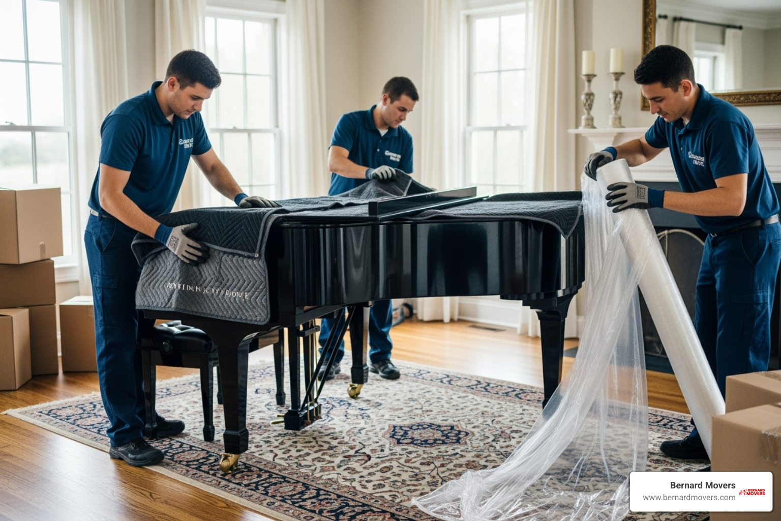 A grand piano being carefully wrapped for moving - Heavy item moving service A grand piano being carefully wrapped for moving - Heavy item moving service