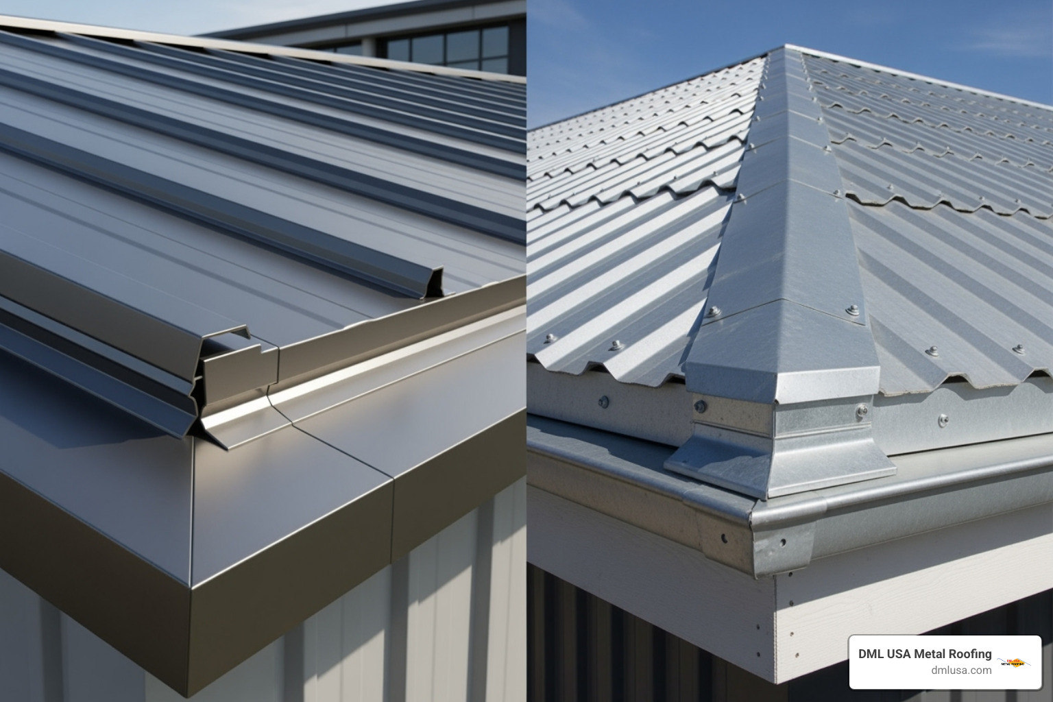 Side-by-side comparison of edge flashing on a standing seam roof versus a corrugated metal roof - Metal roof edge protection Side-by-side comparison of edge flashing on a standing seam roof versus a corrugated metal roof - Metal roof edge protection
