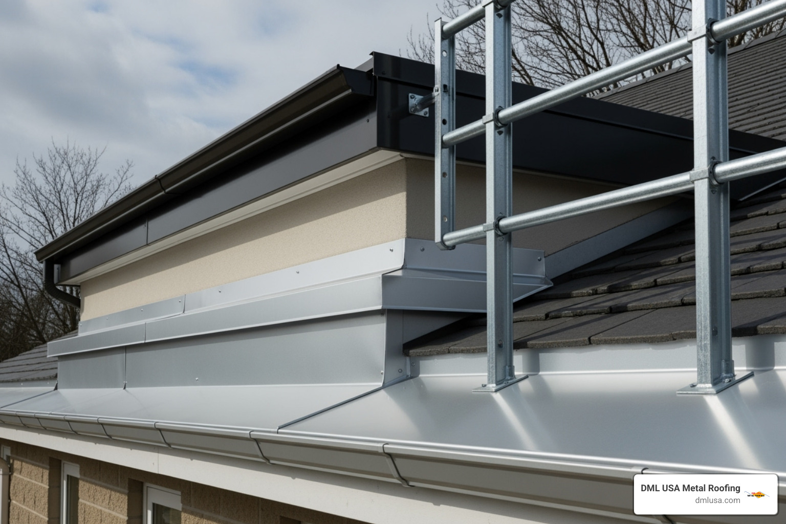 Showcasing the main types of edge protection: a drip edge on an eave, a fascia cover, coping on a parapet wall, and a safety guardrail - Metal roof edge protection Showcasing the main types of edge protection: a drip edge on an eave, a fascia cover, coping on a parapet wall, and a safety guardrail - Metal roof edge protection