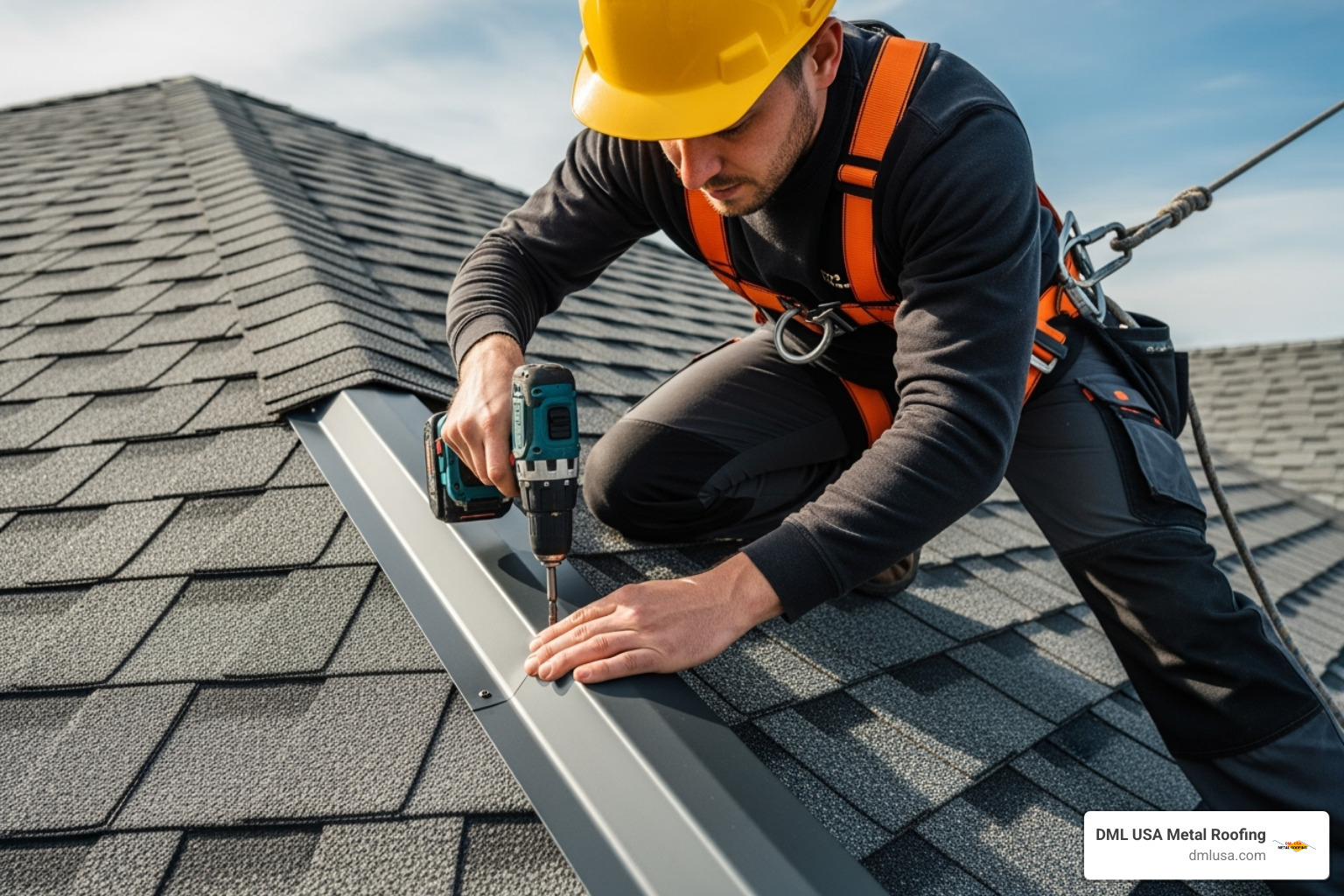 Professional roofer carefully fastening a piece of edge trim, wearing safety gear - Metal roof edge protection Professional roofer carefully fastening a piece of edge trim, wearing safety gear - Metal roof edge protection