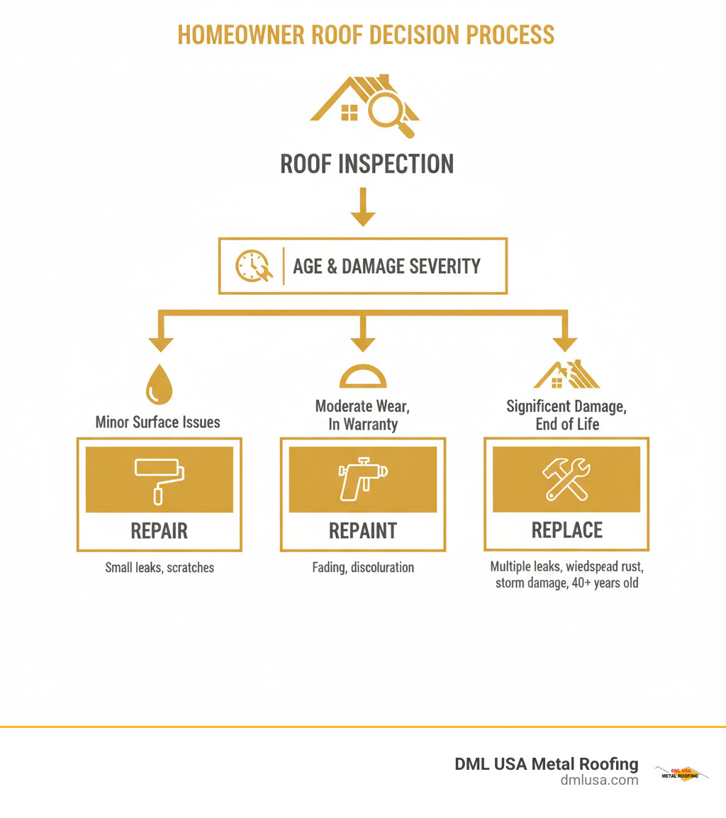 Decision tree infographic showing homeowner process: Start with roof inspection, analyze damage severity and age, then decide between repair (minor surface issues), repaint (moderate wear within warranty), or replace (significant damage, multiple leaks, or end of service life) - replacing a metal roof infographic 