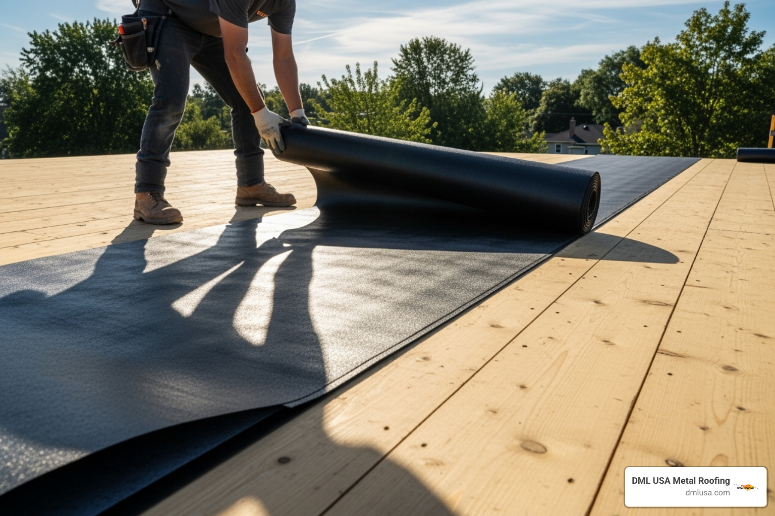 underlayment being rolled out onto a clean roof deck - replacing a metal roof