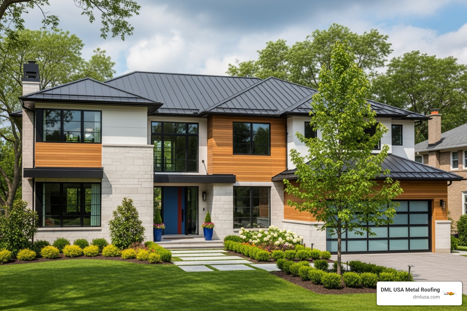 beautiful home with a new metal roof, highlighting curb appeal - replacing a metal roof