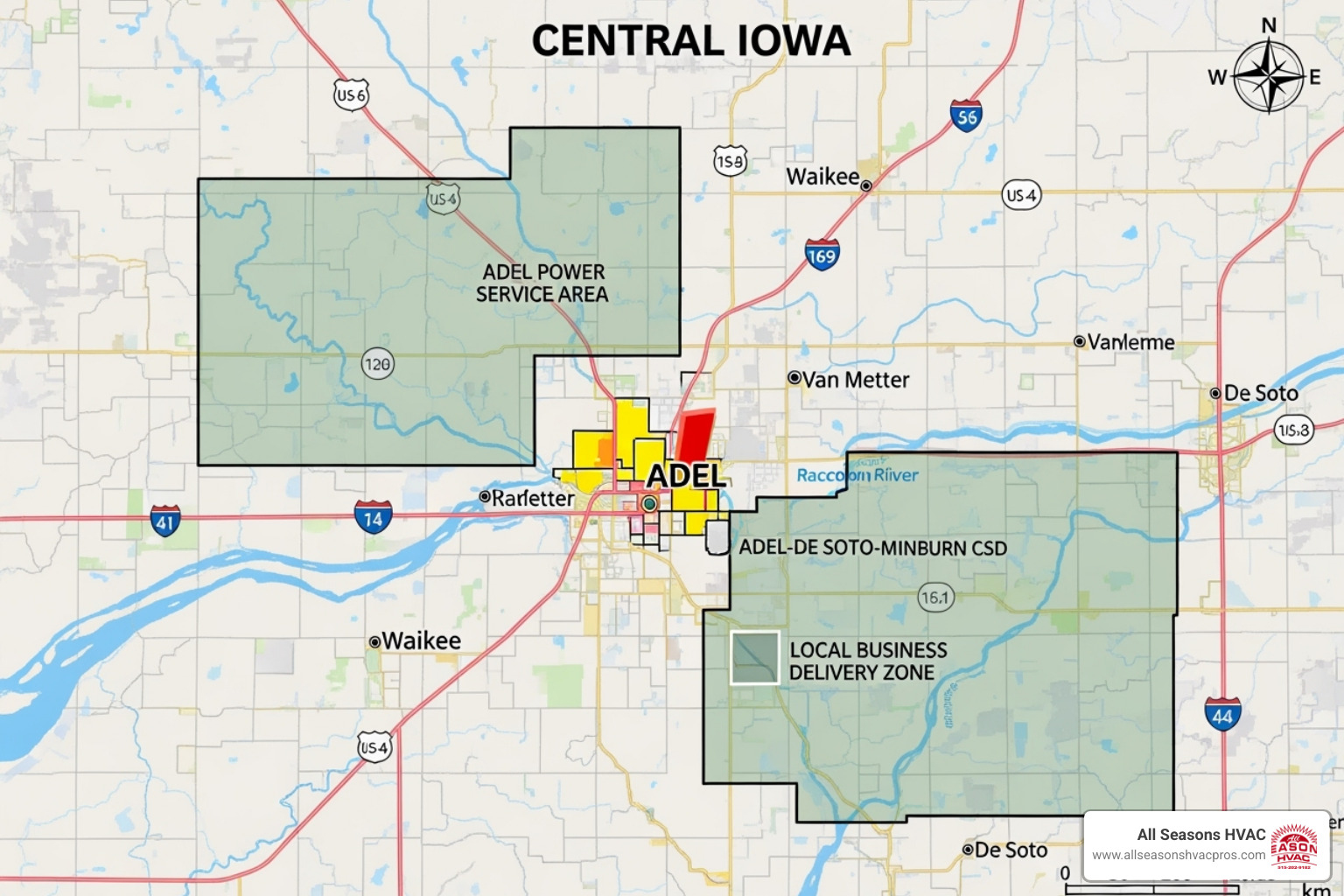 Map highlighting Adel within a larger Central Iowa service area - hvac company adel ia Map highlighting Adel within a larger Central Iowa service area - hvac company adel ia