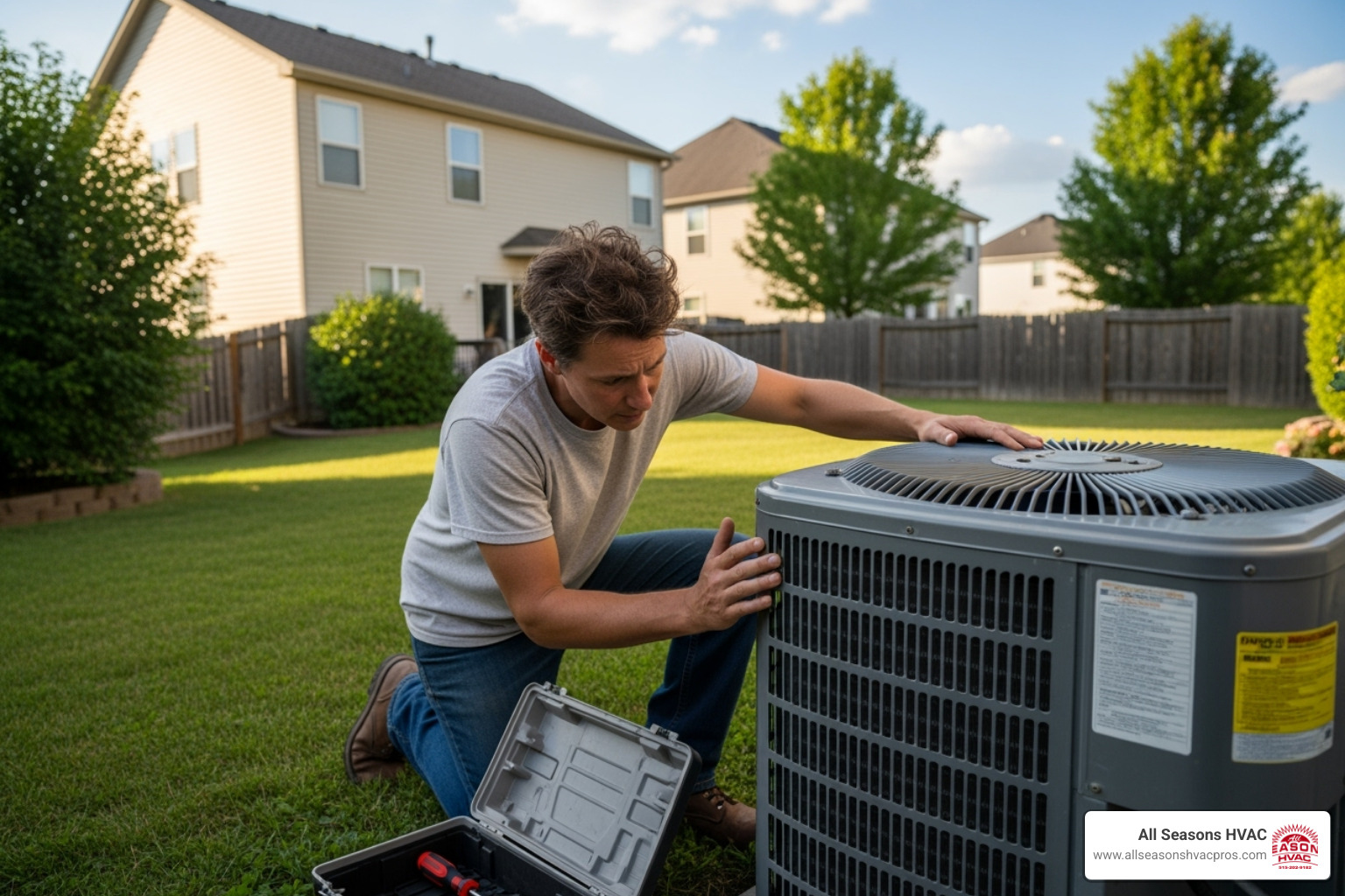 Homeowner inspecting their outdoor AC unit - hvac company adel ia Homeowner inspecting their outdoor AC unit - hvac company adel ia