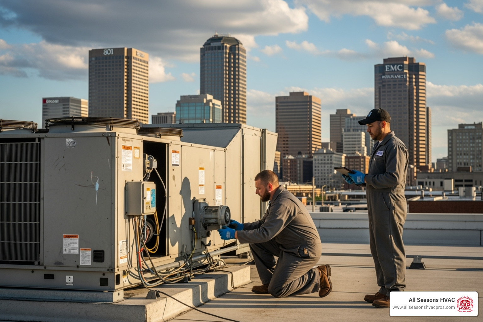 technicians servicing a large commercial rooftop HVAC unit - commercial hvac contractor des moines ia technicians servicing a large commercial rooftop HVAC unit - commercial hvac contractor des moines ia