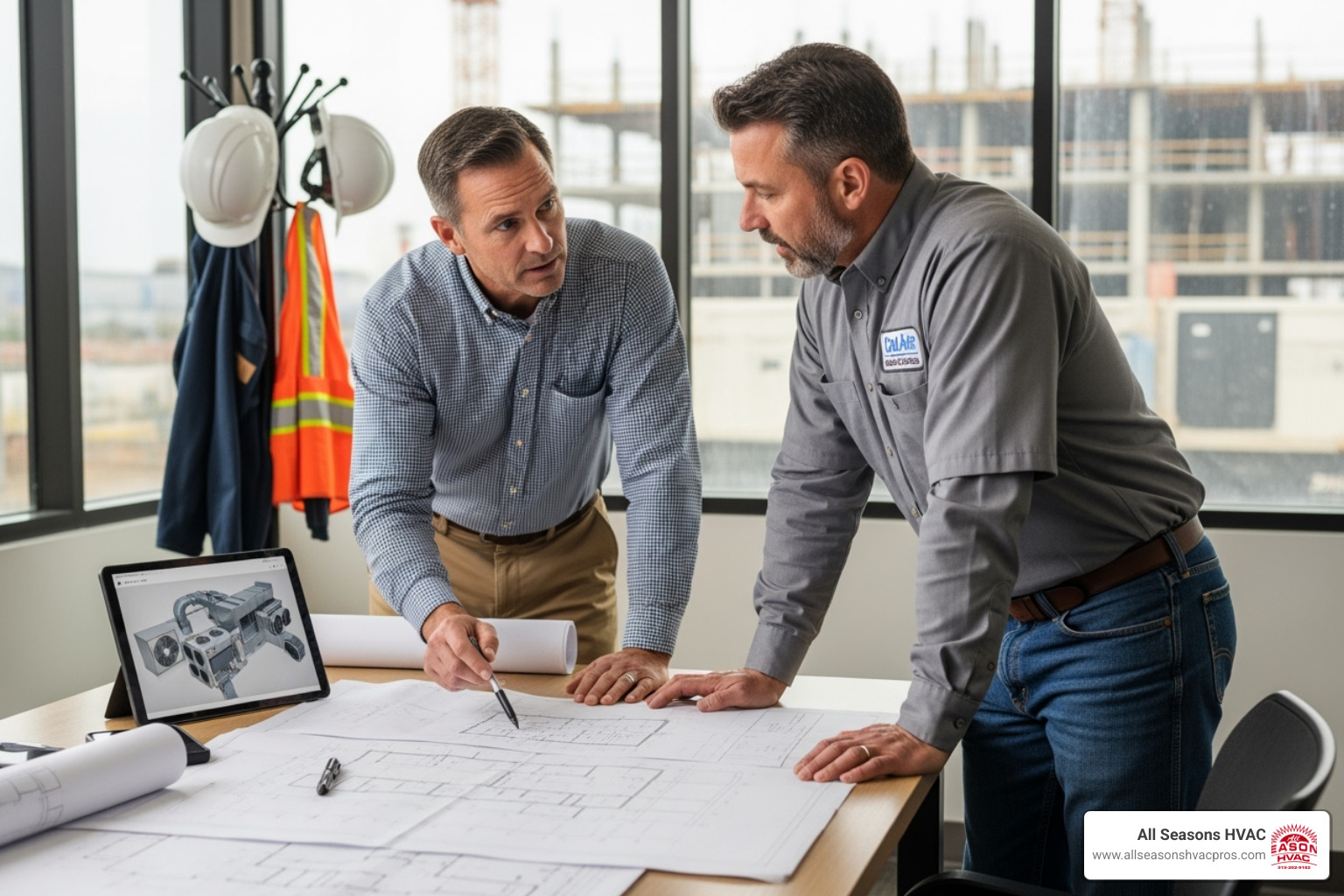 business owner reviewing HVAC plans with a contractor - commercial hvac contractor des moines ia business owner reviewing HVAC plans with a contractor - commercial hvac contractor des moines ia