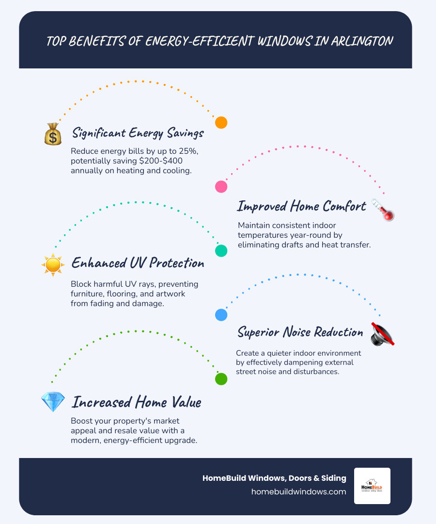 Infographic showing energy-efficient window benefits including 25% energy bill reduction, improved comfort through consistent temperatures, UV protection preventing furniture fading, noise reduction for quieter homes, and increased property value with professional installation - energy efficient windows arlington infographic infographic-line-5-steps-blues-accent_colors