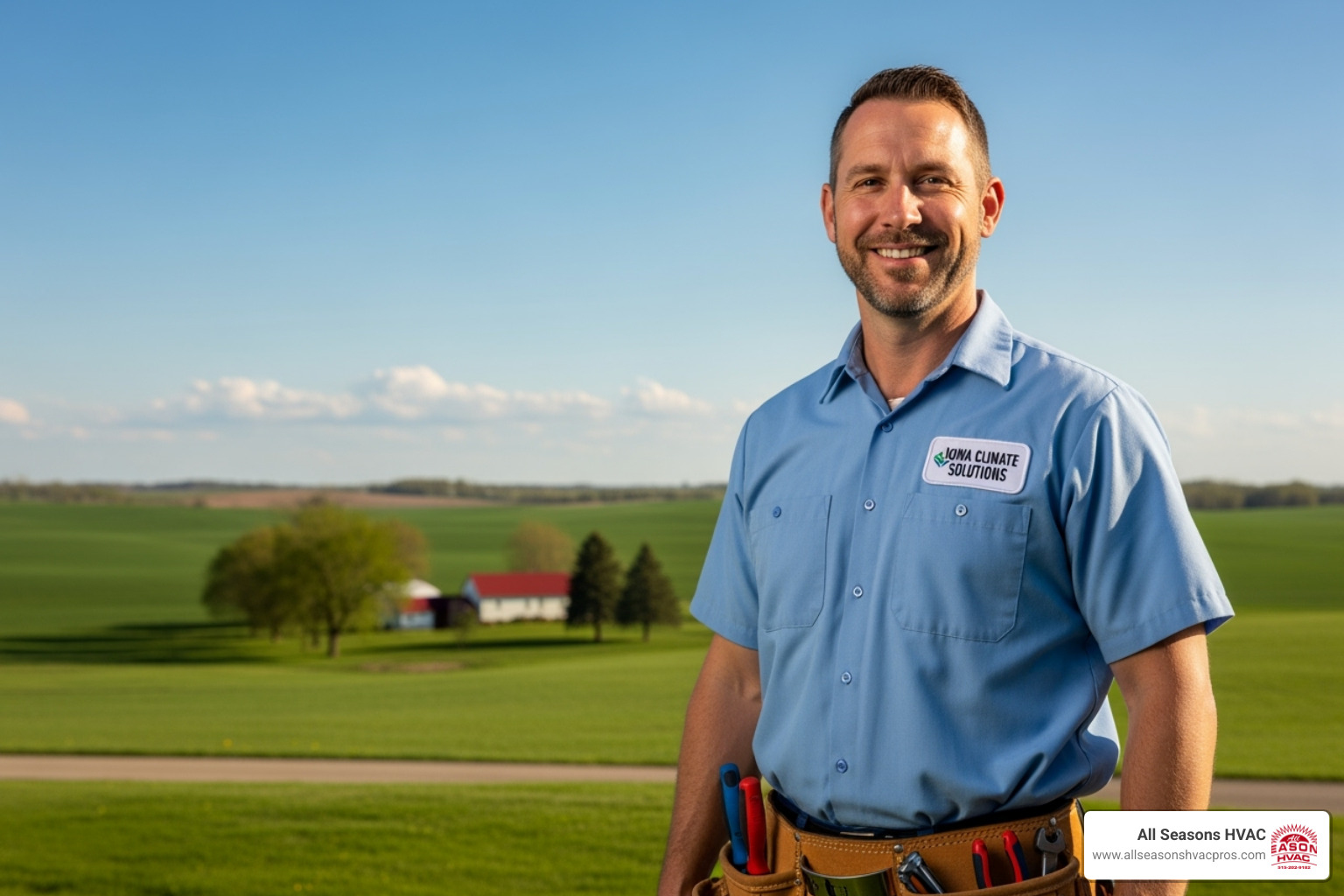 A friendly HVAC technician with an Iowa landscape in the background - hvac company altoona ia A friendly HVAC technician with an Iowa landscape in the background - hvac company altoona ia