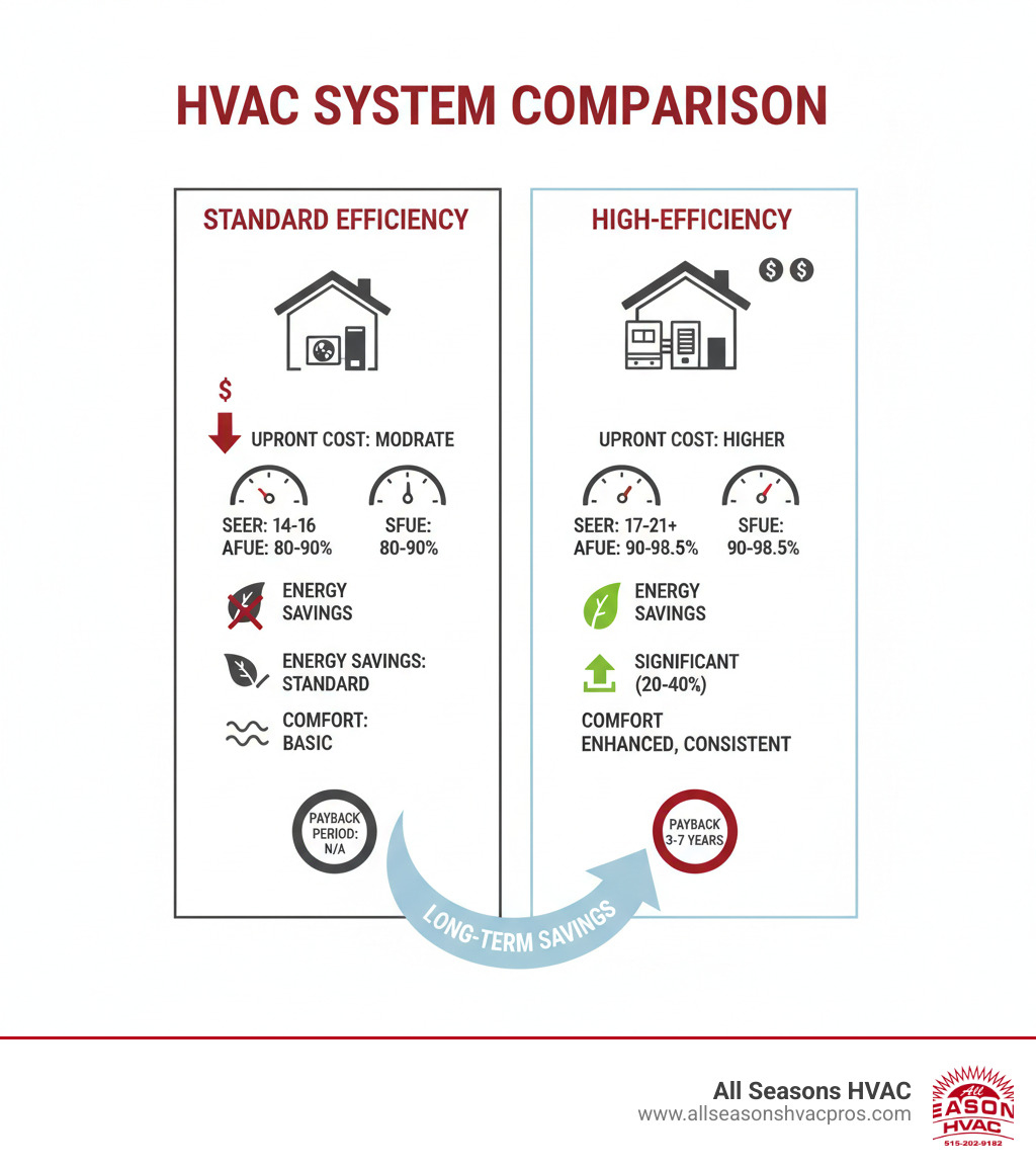 Table comparing a standard vs. high-efficiency HVAC system's upfront cost and long-term energy savings - hvac installation des moines ia infographic Table comparing a standard vs. high-efficiency HVAC system's upfront cost and long-term energy savings - hvac installation des moines ia infographic