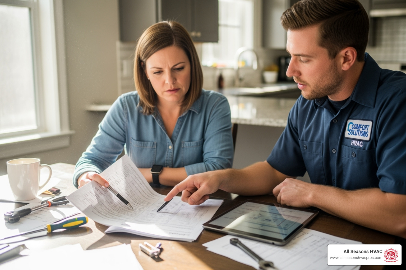 A homeowner reviewing a quote with an HVAC technician - hvac company altoona ia A homeowner reviewing a quote with an HVAC technician - hvac company altoona ia