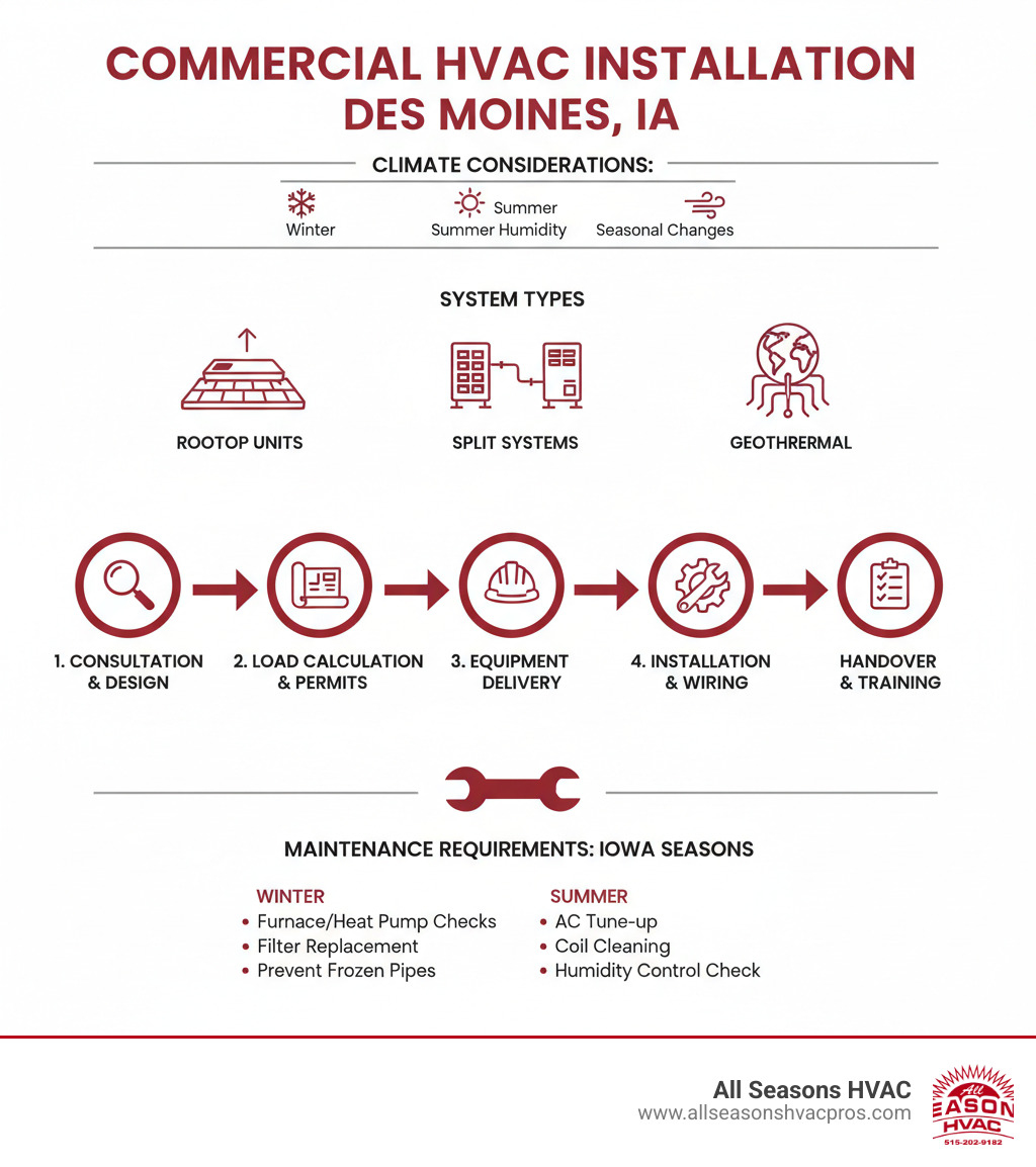 Infographic showing the complete commercial HVAC installation process in Des Moines, including climate considerations, system types (rooftop units, split systems, geothermal), installation steps from consultation to commissioning, and maintenance requirements for Iowa's seasonal weather patterns - commercial hvac installation des moines ia infographic Infographic showing the complete commercial HVAC installation process in Des Moines, including climate considerations, system types (rooftop units, split systems, geothermal), installation steps from consultation to commissioning, and maintenance requirements for Iowa's seasonal weather patterns - commercial hvac installation des moines ia infographic