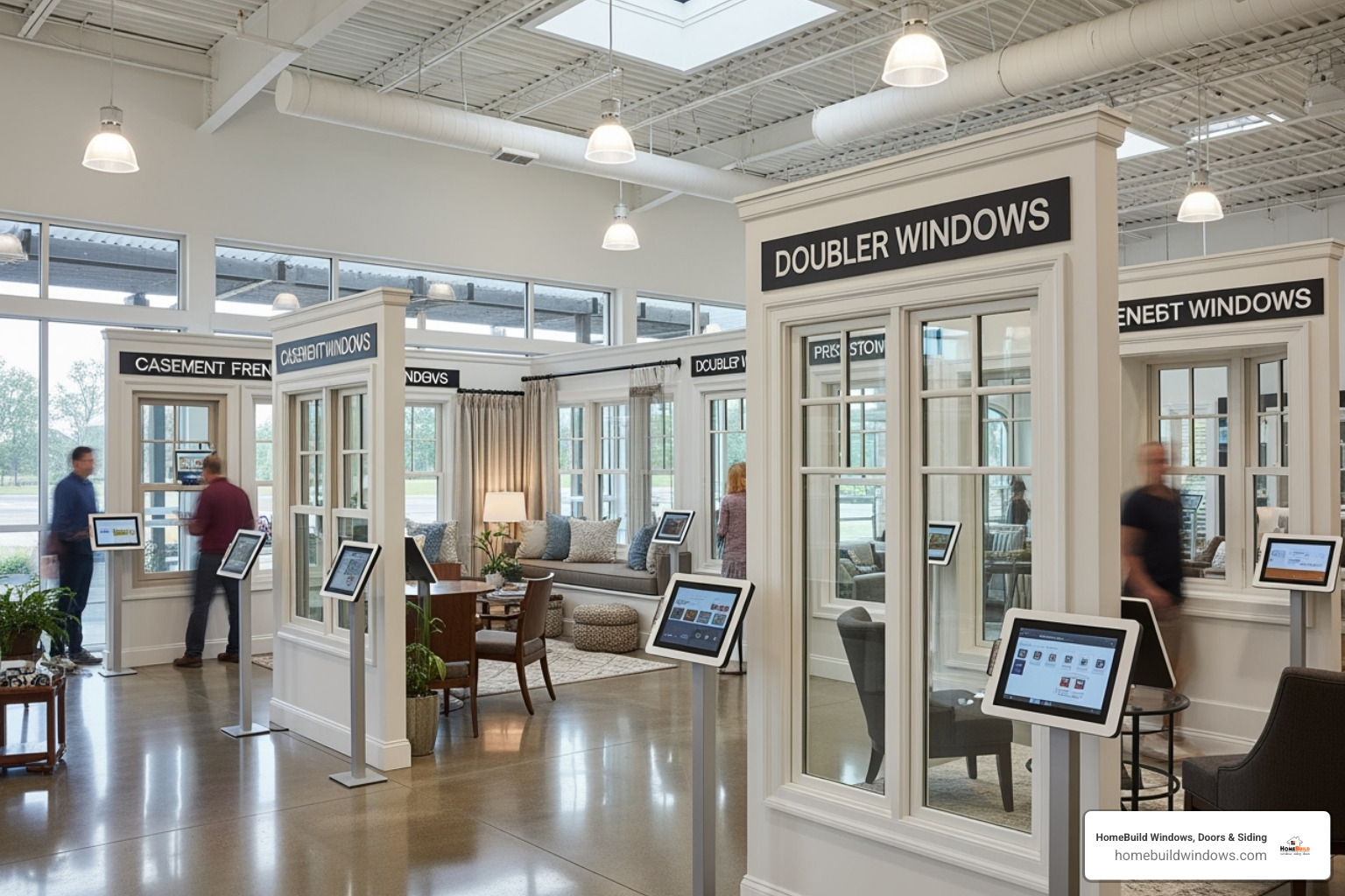Showroom displaying various window styles like casement, double-hung, and bay windows - energy efficient windows arlington