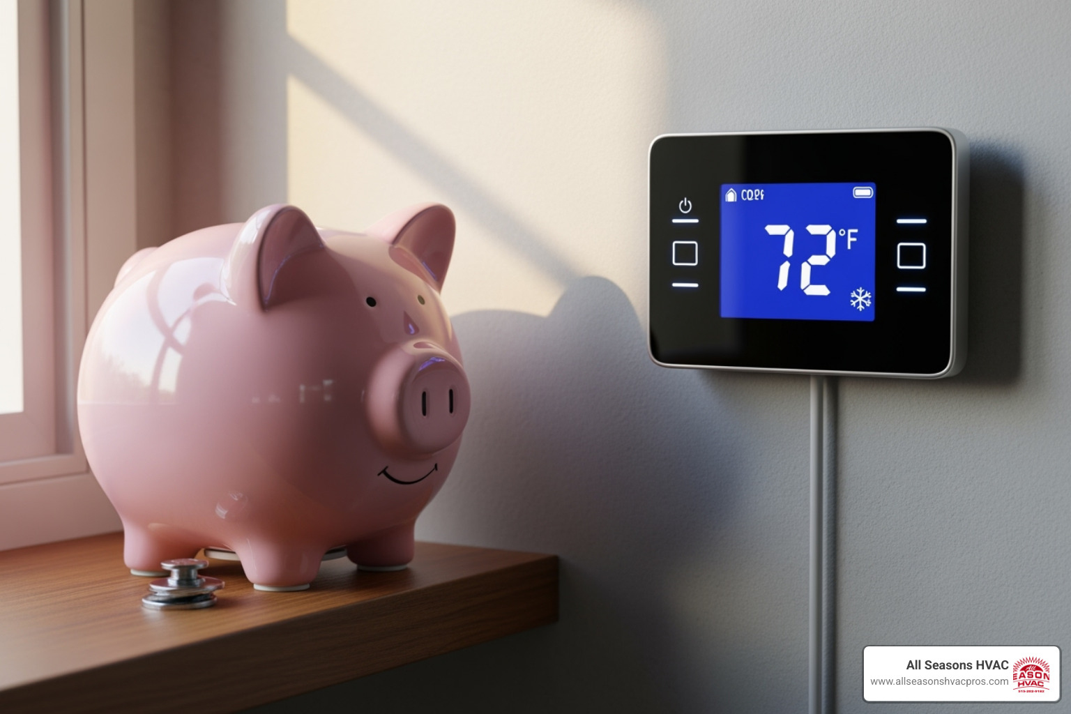 piggy bank next to a thermostat - hvac installation des moines ia piggy bank next to a thermostat - hvac installation des moines ia