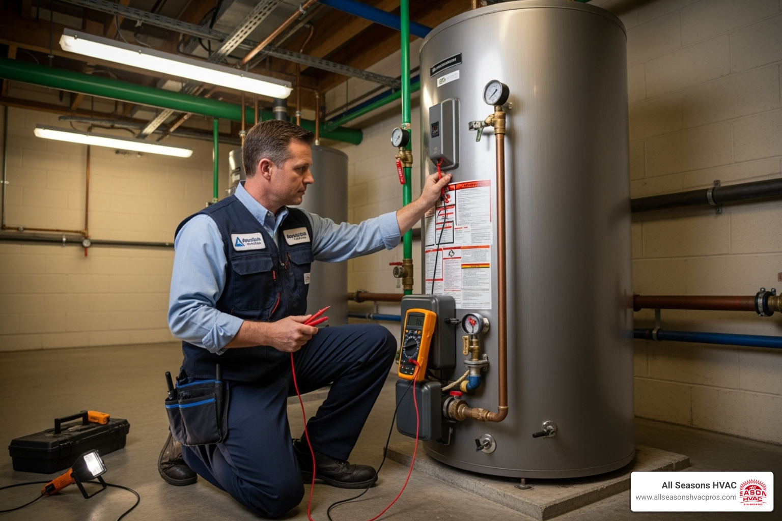 Technician servicing a commercial water heater - commercial water heater des moines ia