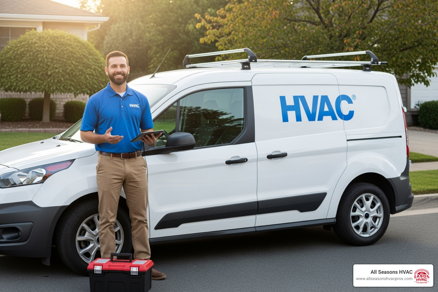Friendly All Seasons HVAC technician smiling in front of a service vehicle - commercial water heater des moines ia