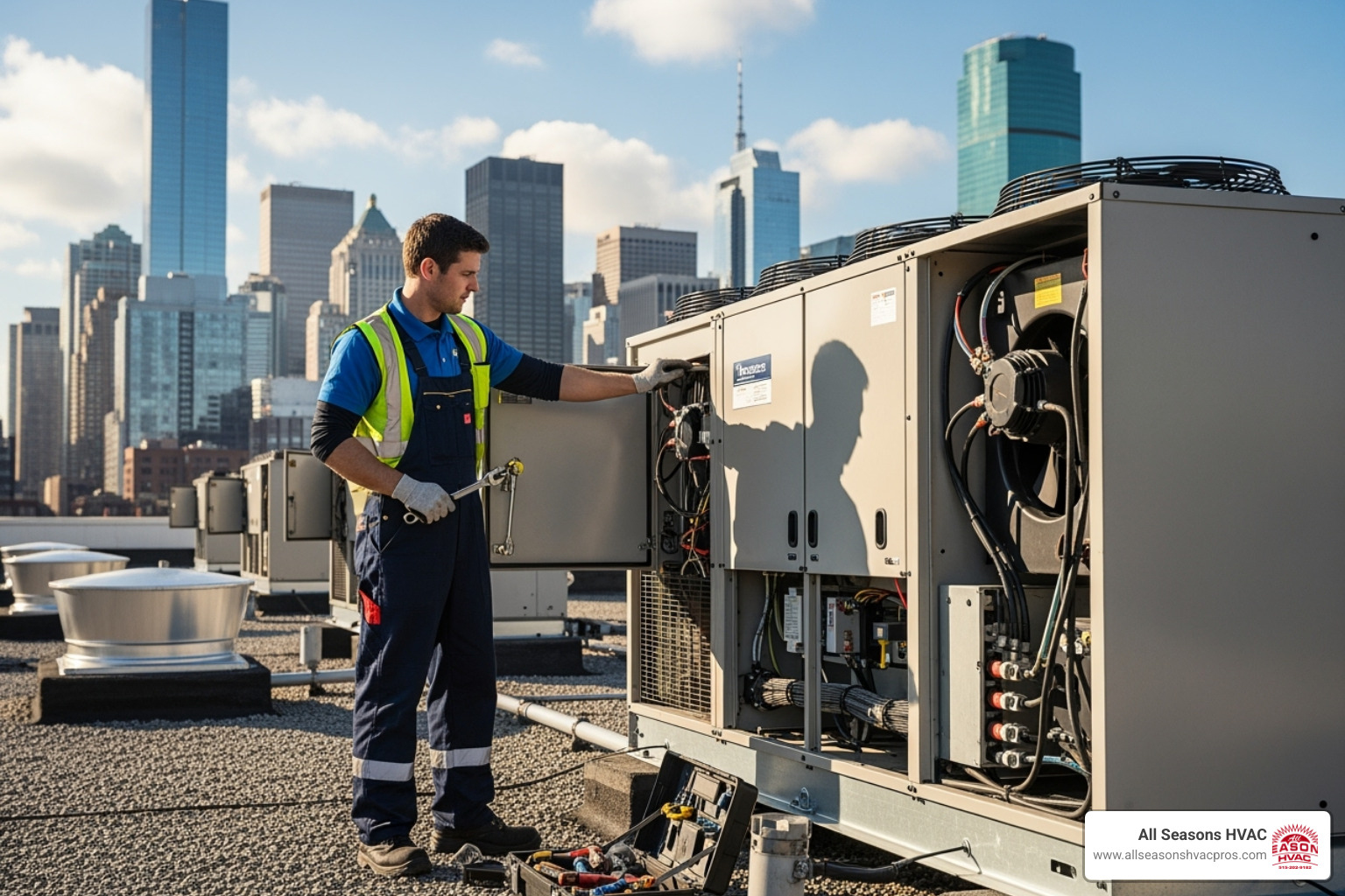 Technician performing maintenance on a commercial HVAC unit - commercial hvac installation des moines ia Technician performing maintenance on a commercial HVAC unit - commercial hvac installation des moines ia