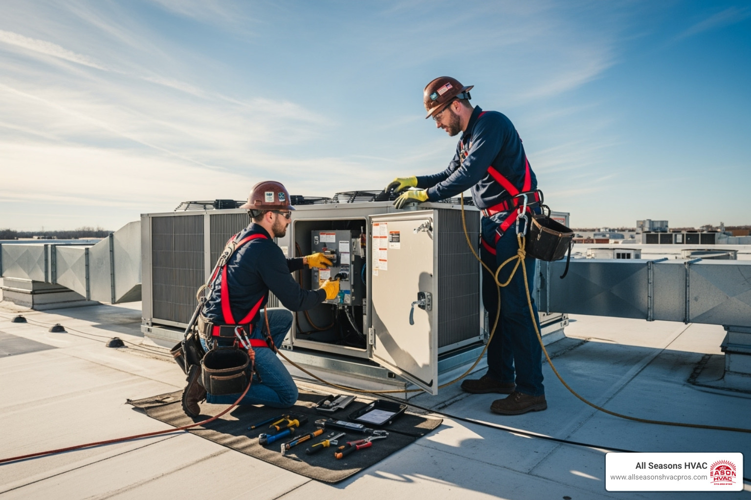 HVAC technicians safely working on a commercial roof - commercial hvac installation des moines ia HVAC technicians safely working on a commercial roof - commercial hvac installation des moines ia
